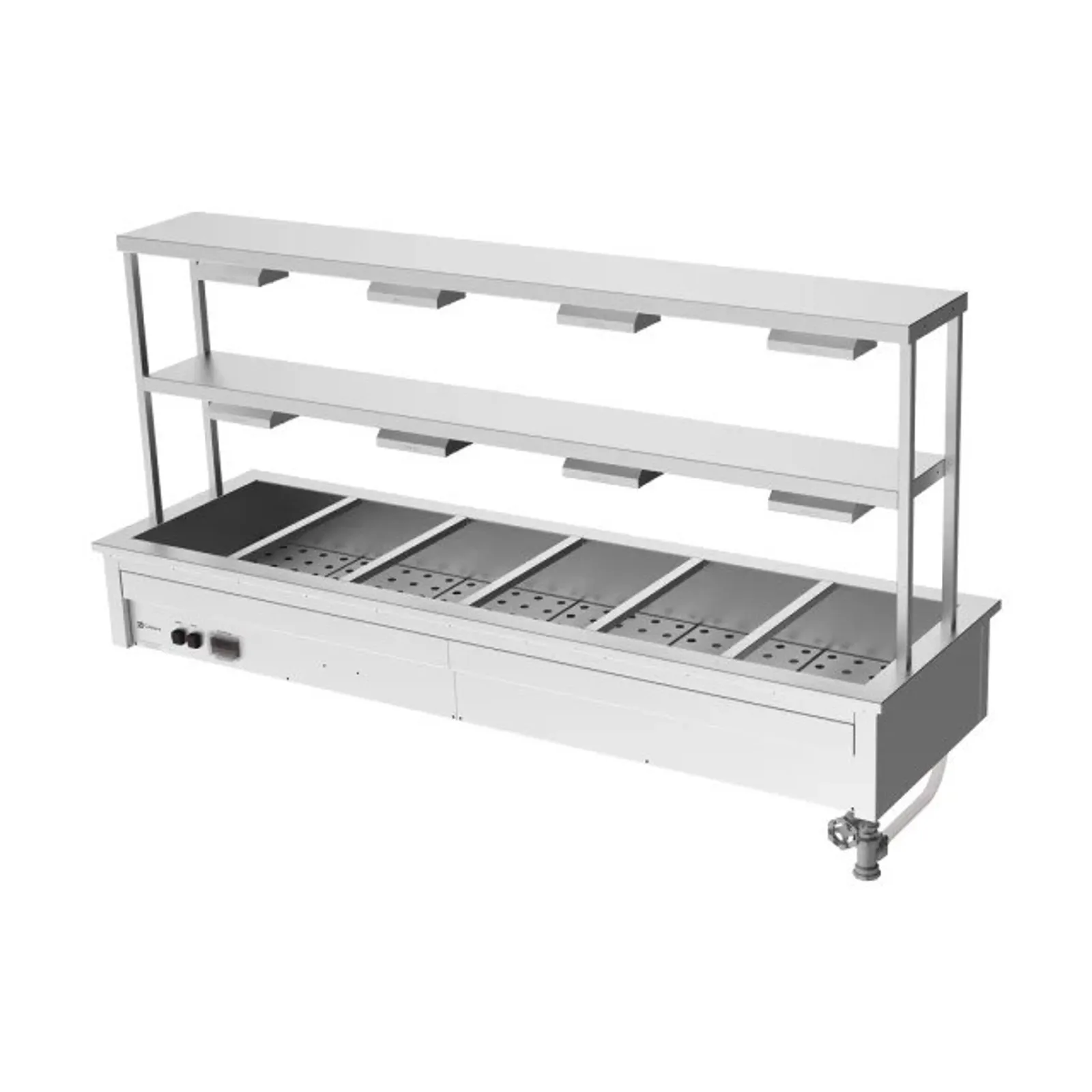Culinaire CH.BM.D.GDD.6 Drop In Bain Marie with Double Gantry & Heat Lamps to Bottom & Top Shelves - 6 Modules