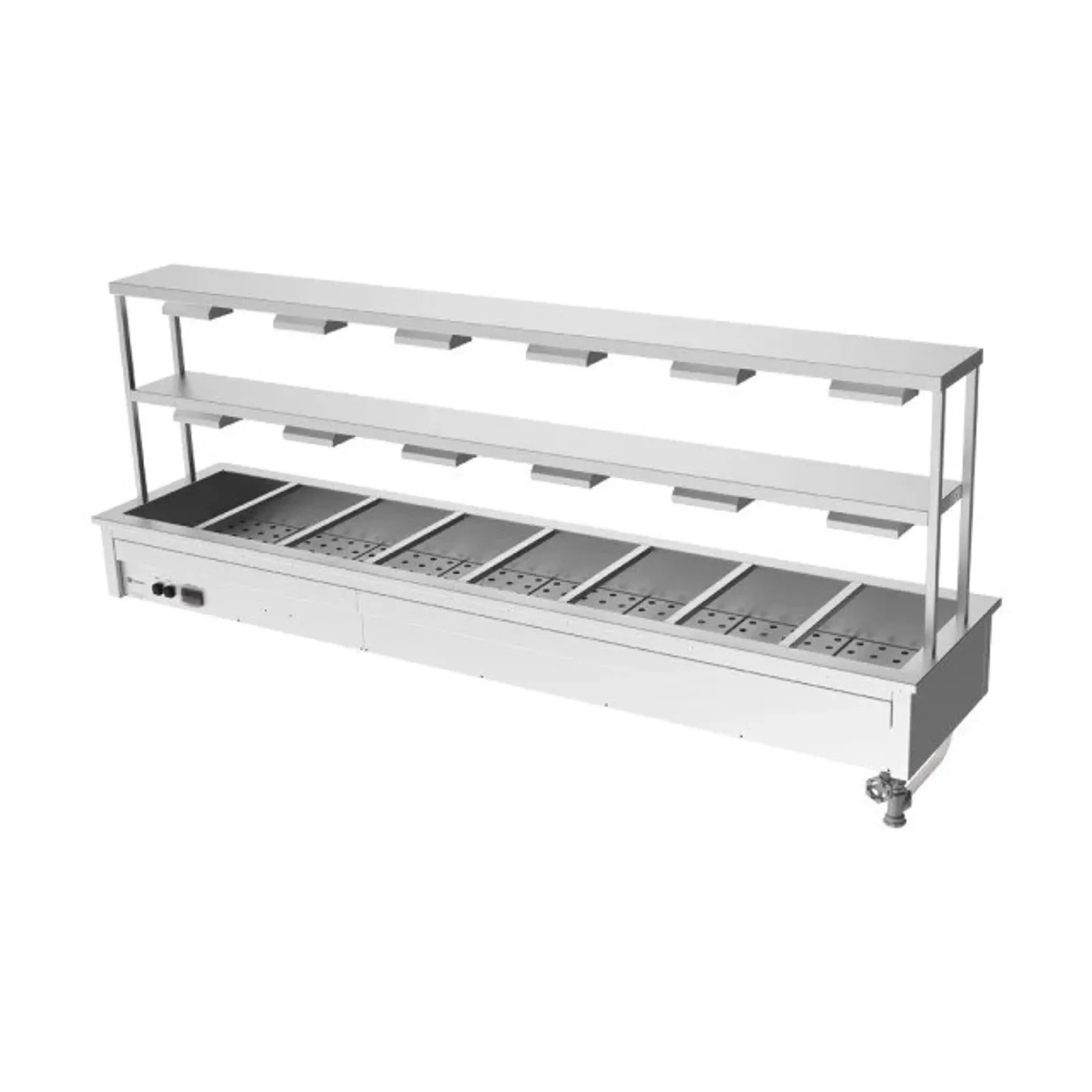 Culinaire CH.BM.D.GDD.8 Drop In Bain Marie with Double Gantry & Heat Lamps to Bottom & Top Shelves - 8 Modules