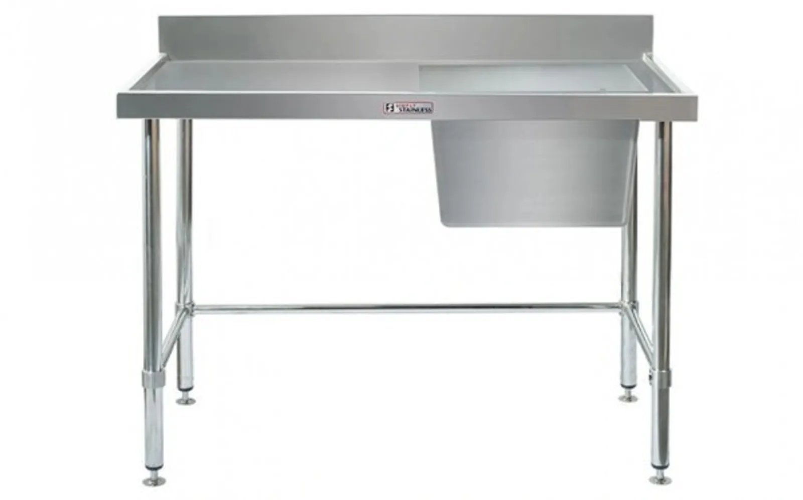 Simply Stainless SS05.1500.R.LB Single Sink Bench with Splashback - with leg brace (600 Series) - 1500mm - Right Hand Sink