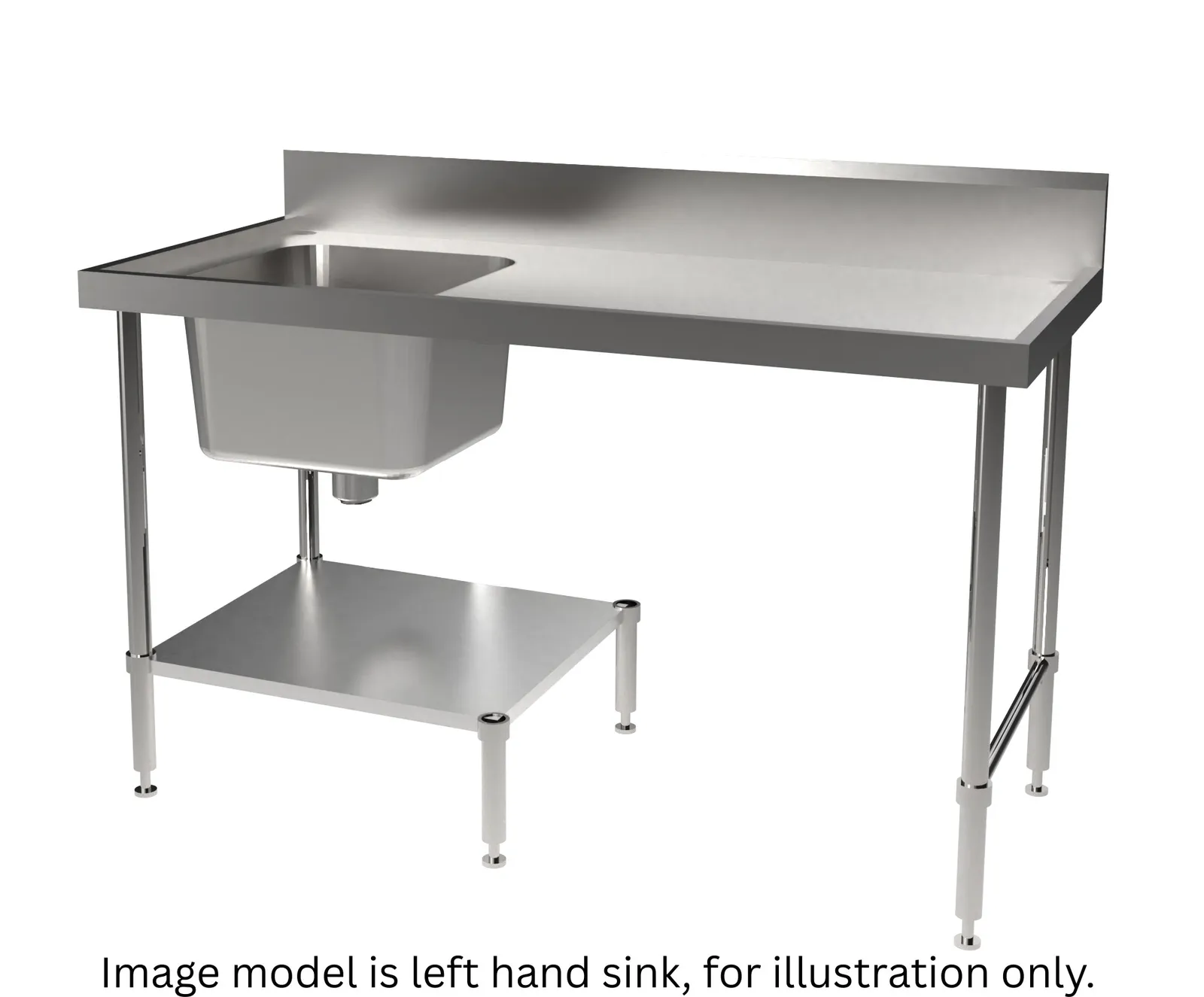 Simply Stainless SS05.7.1500.R.DWB Undercounter Dishwash Bench with Splashback - 1500mm - Right Hand Sink