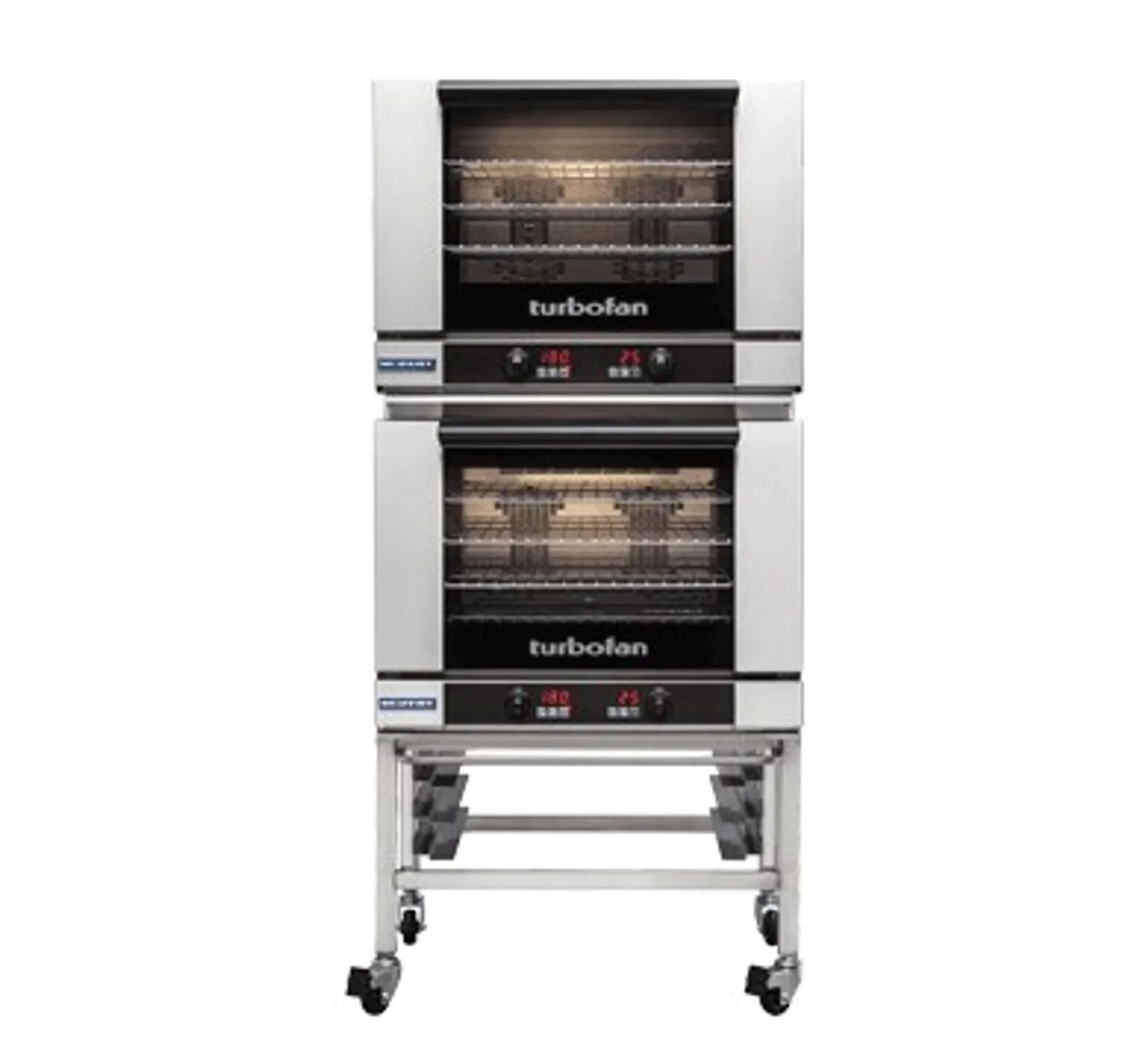 Turbofan E28D4/2 - Full Size Tray Digital Electric Convection Ovens Double Stacked with Adjustable Feet Base Stand