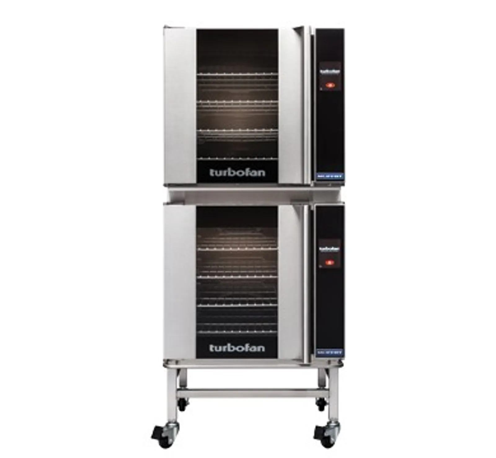 Turbofan E32T4/2 - 2 x E32T4 Full Size Tray Touch Screen Convection Ovens Double Stacked with Adjustable Feet Base Stand