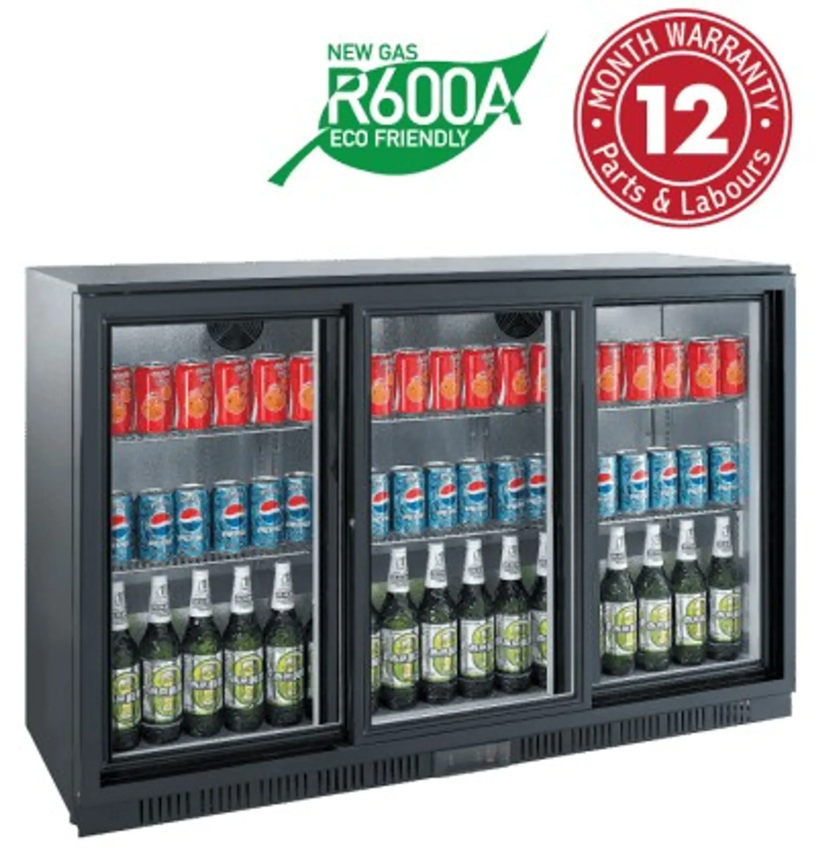 Exquisite UBC330SL Three Sliding Doors Backbar Display Refrigerators, Low Height