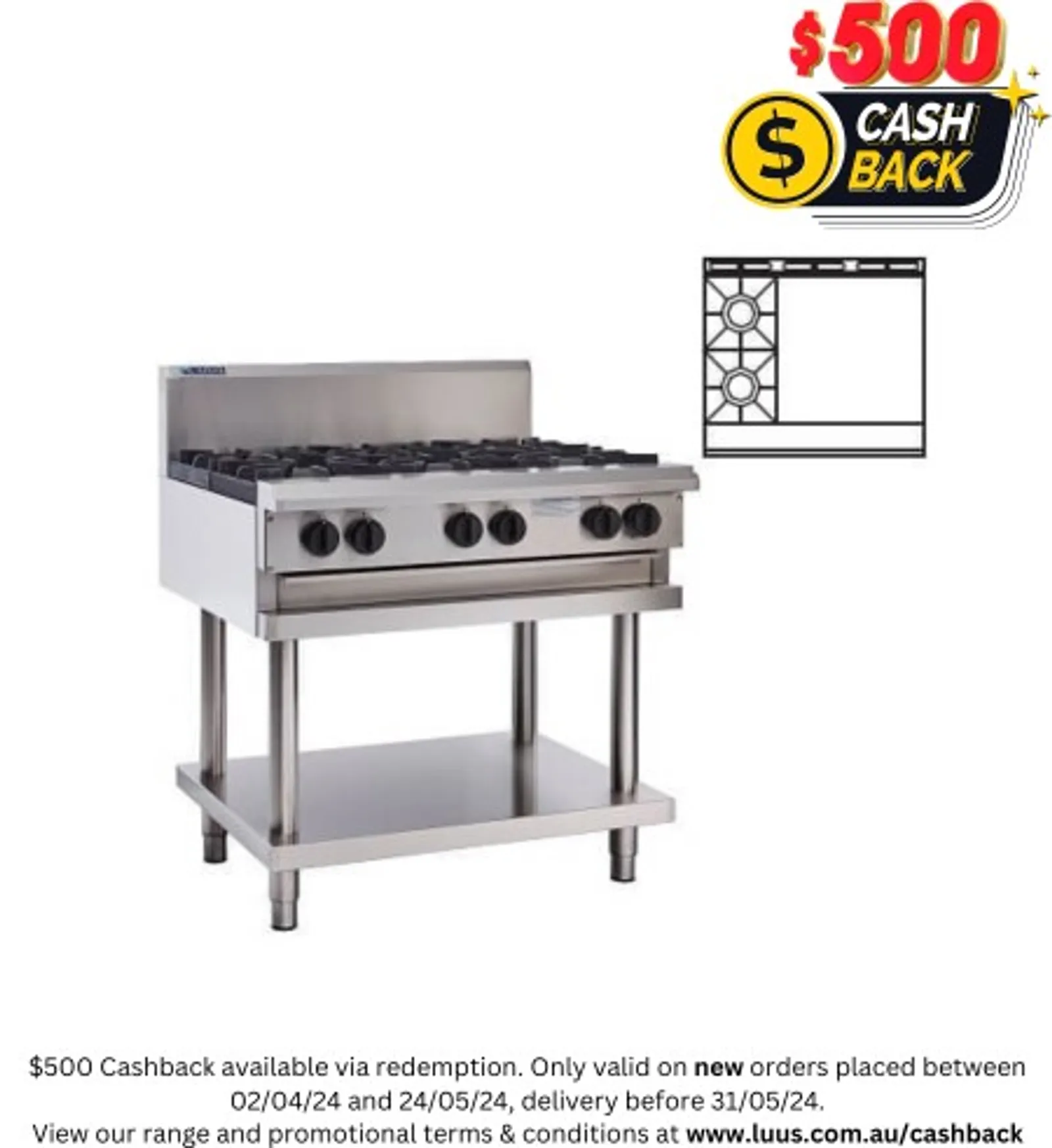 LUUS CS-2B6P - 2 Burner + 600 Wide Griddle Cooktop