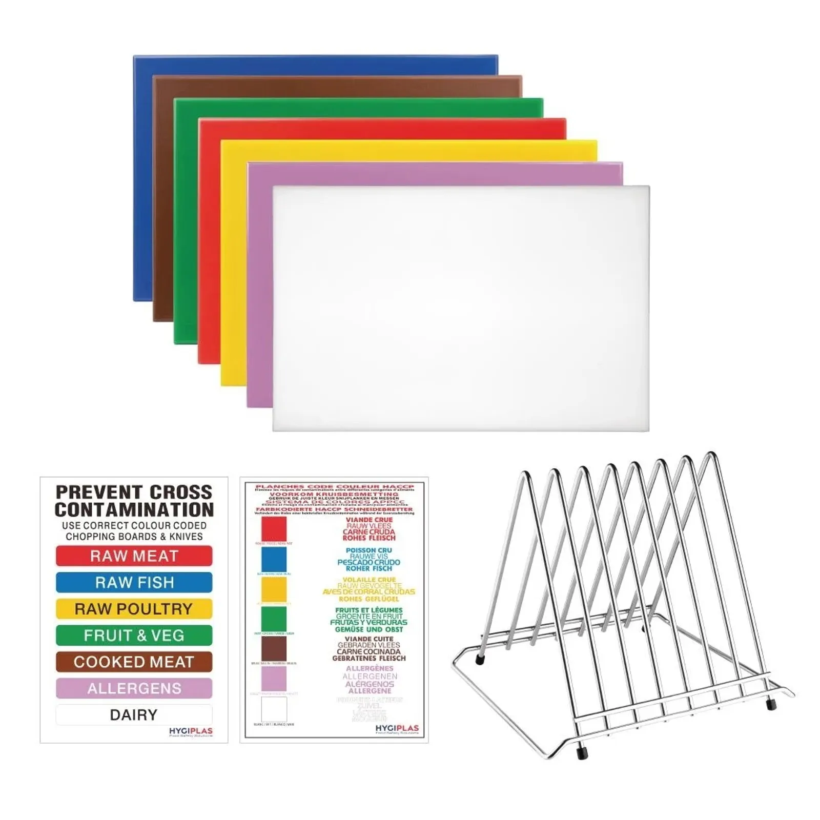 Hygiplas FY990 - High Density Chopping Board Set 450x300x12mm 7 Boards & Steel Rack & Wall Chart