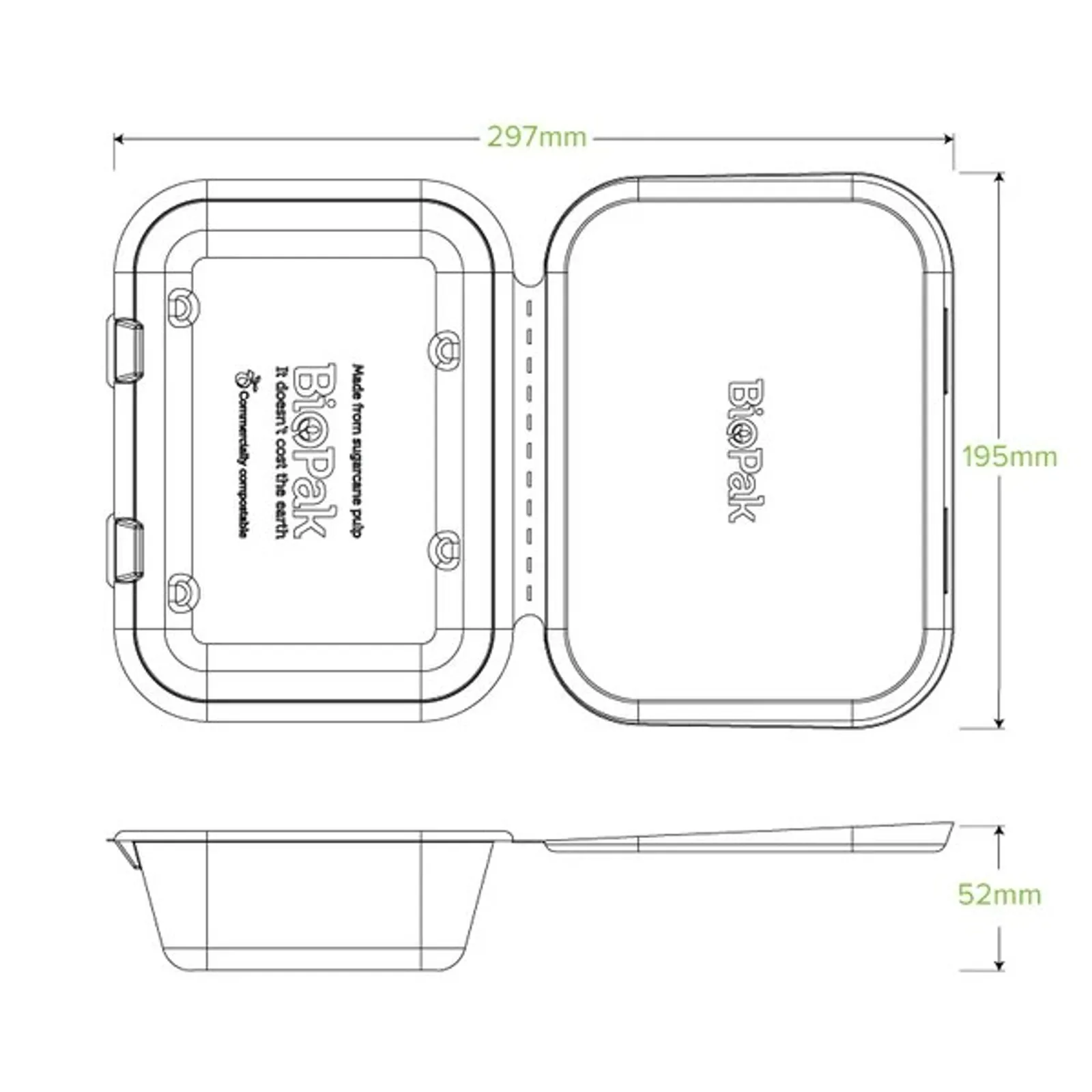 BioPak B-HL-75-N - 20x15x5cm / 7.5x5x1.9in Natural Plant Fibre Clamshell
