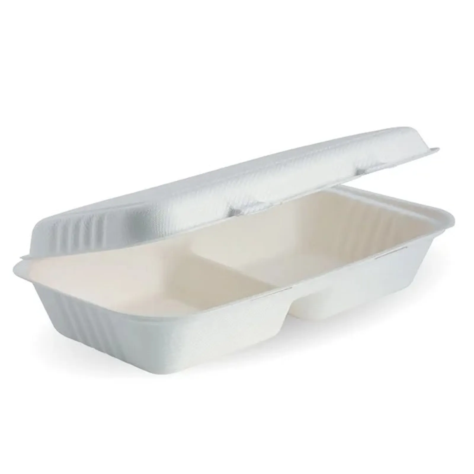 BioPak B-HL-1156-2 - 28x16x7cm / 11.6x6x3in 2-Compartment White Plant Fibre Clamshell
