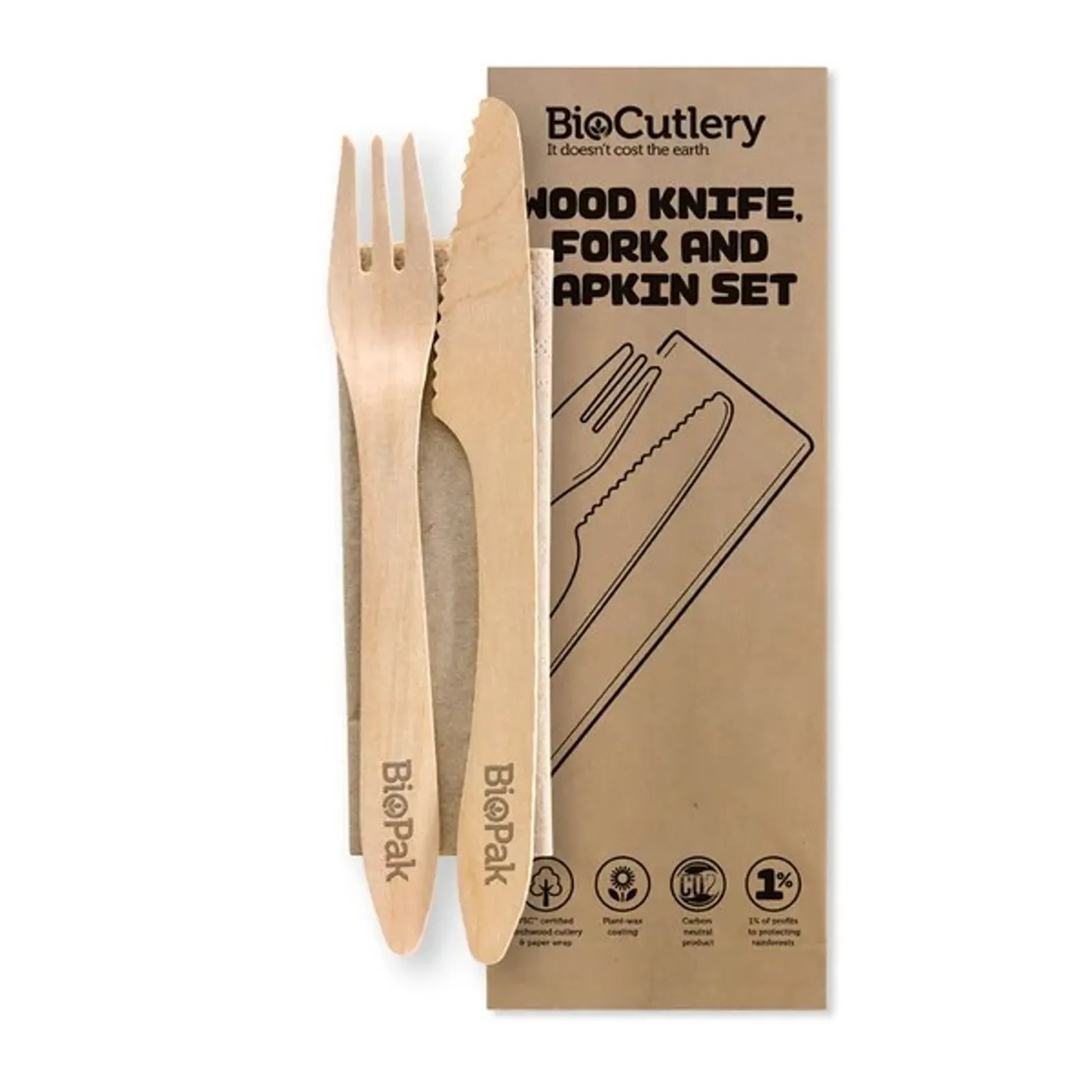 BioPak HY-19KFN-COATED - 19cm Coated Wood Knife, Fork & Napkin Set
