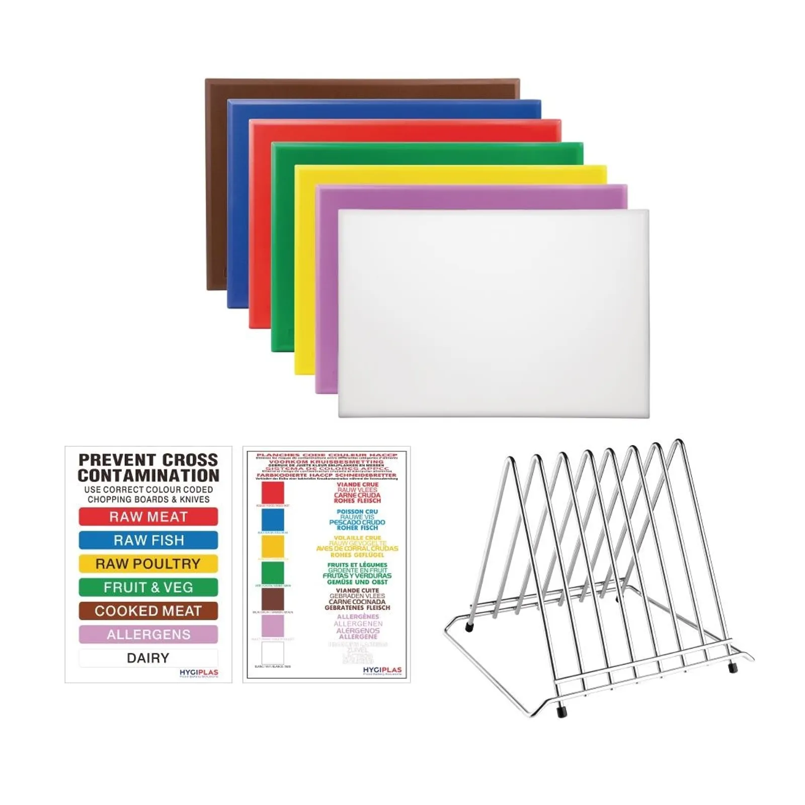Hygiplas FY991 - High Density Chopping Board Set 7 Boards & Steel Rack & Wall Chart