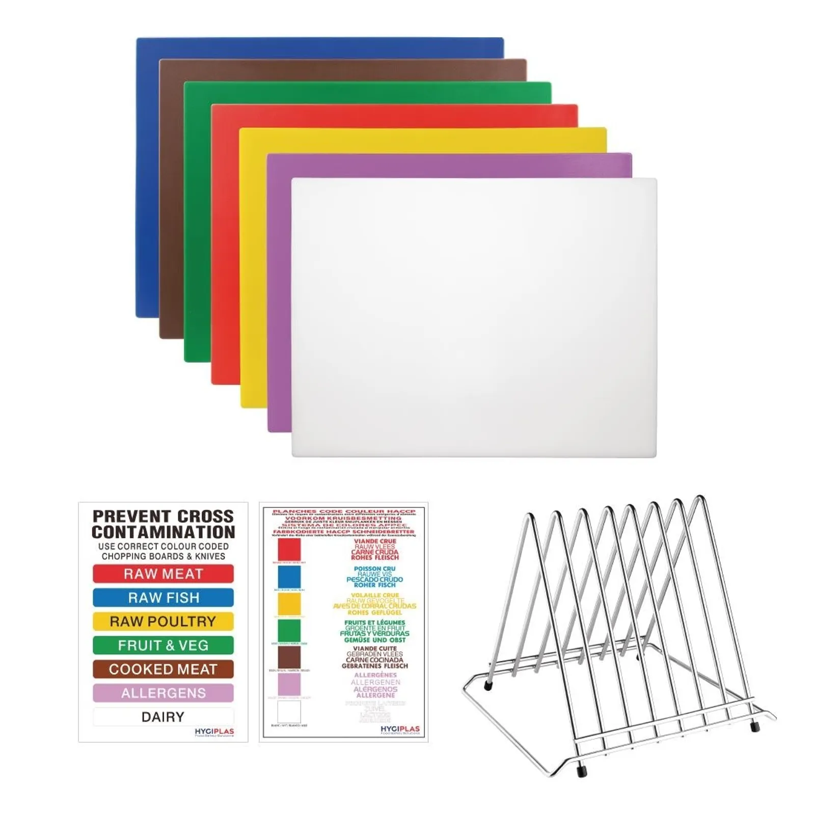 Hygiplas FY992 - High Density Chopping Board Set 7 Boards & Steel Rack & Wall Chart