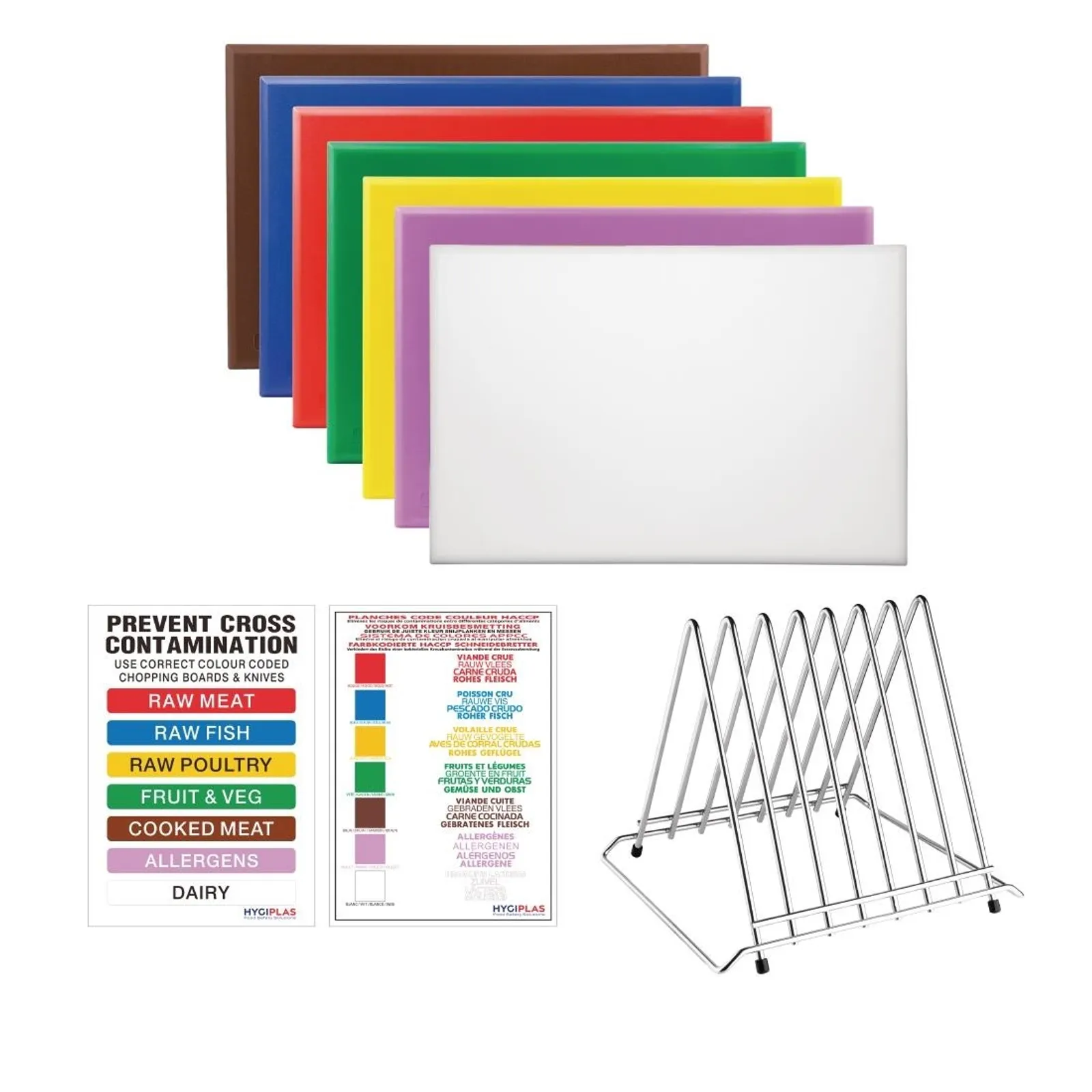 Hygiplas FY993 - High Density Chopping Board Set 7 Boards & Steel Rack & Wall Chart - 600x450x25mm