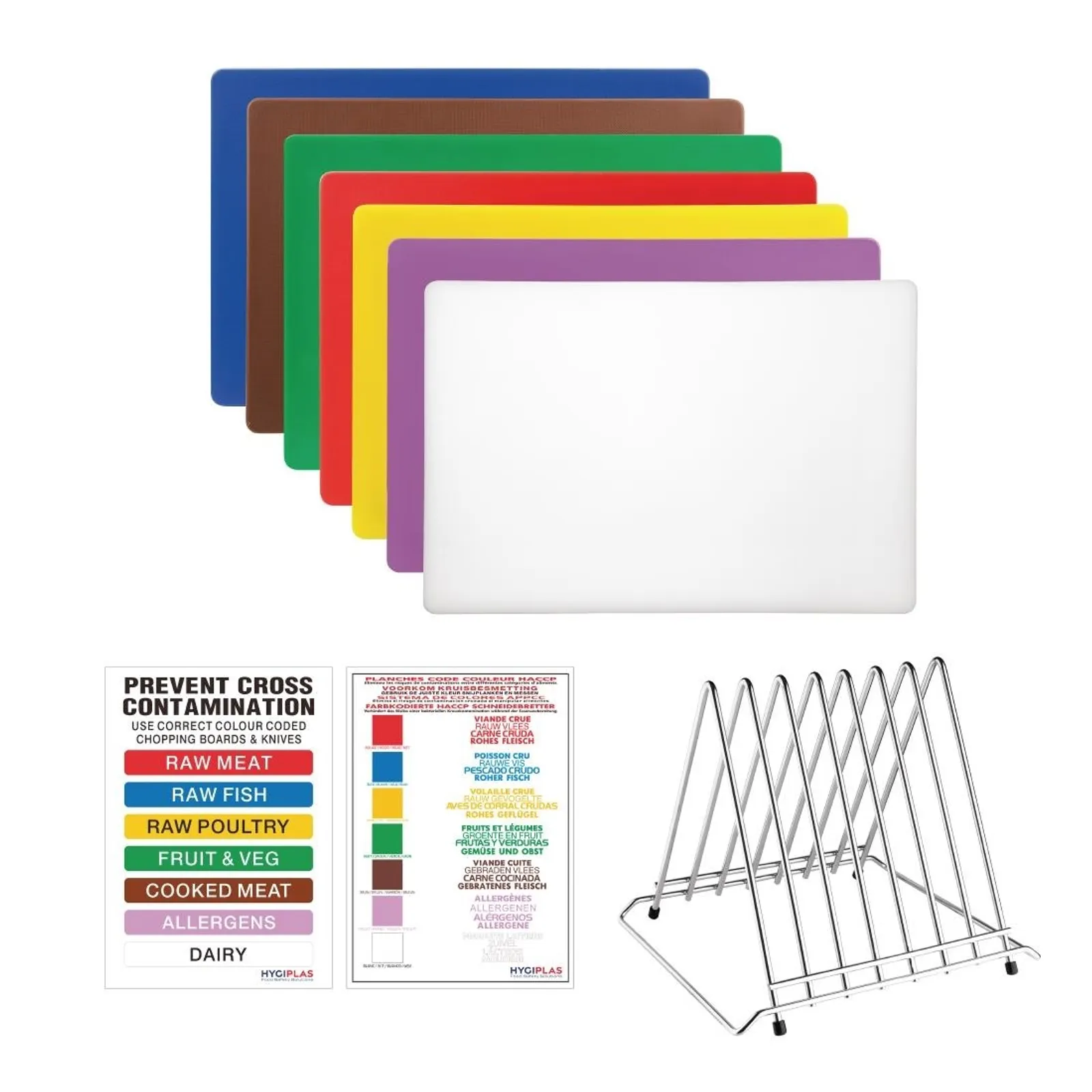 Hygiplas FY994 - Low Density Chopping Board Set 7 Boards & Steel Rack & Wall Chart