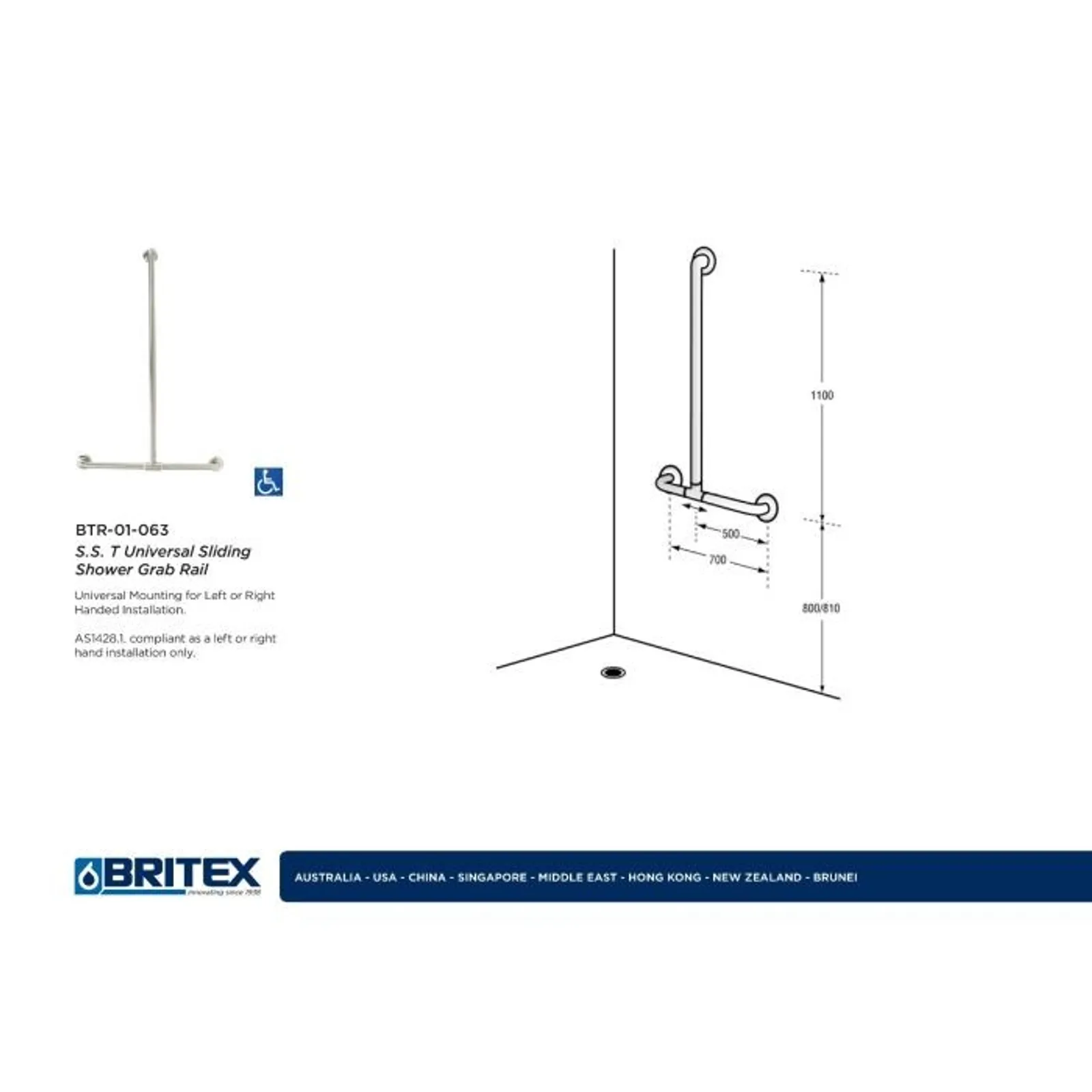 Britex BTR-01-063 - S.S. T Universal Sliding Shower Grab Rail