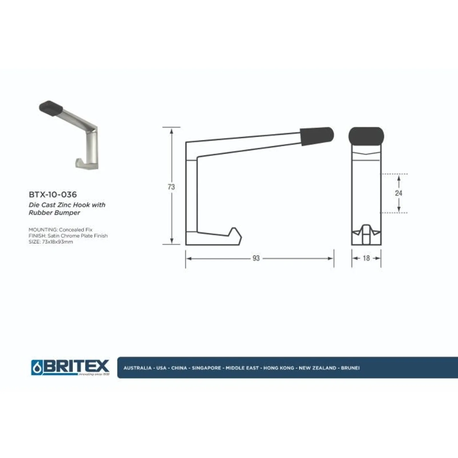 Britex BTX-10-036 - Die Cast Zinc Hook with Rubber Bumper