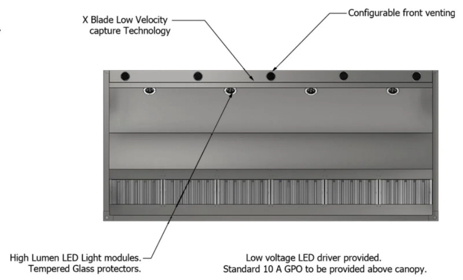 Xtractair XLV-3614 - Low Velocity Commercial Kitchen Exhaust Canopy (3600W x 1400D x 600H)