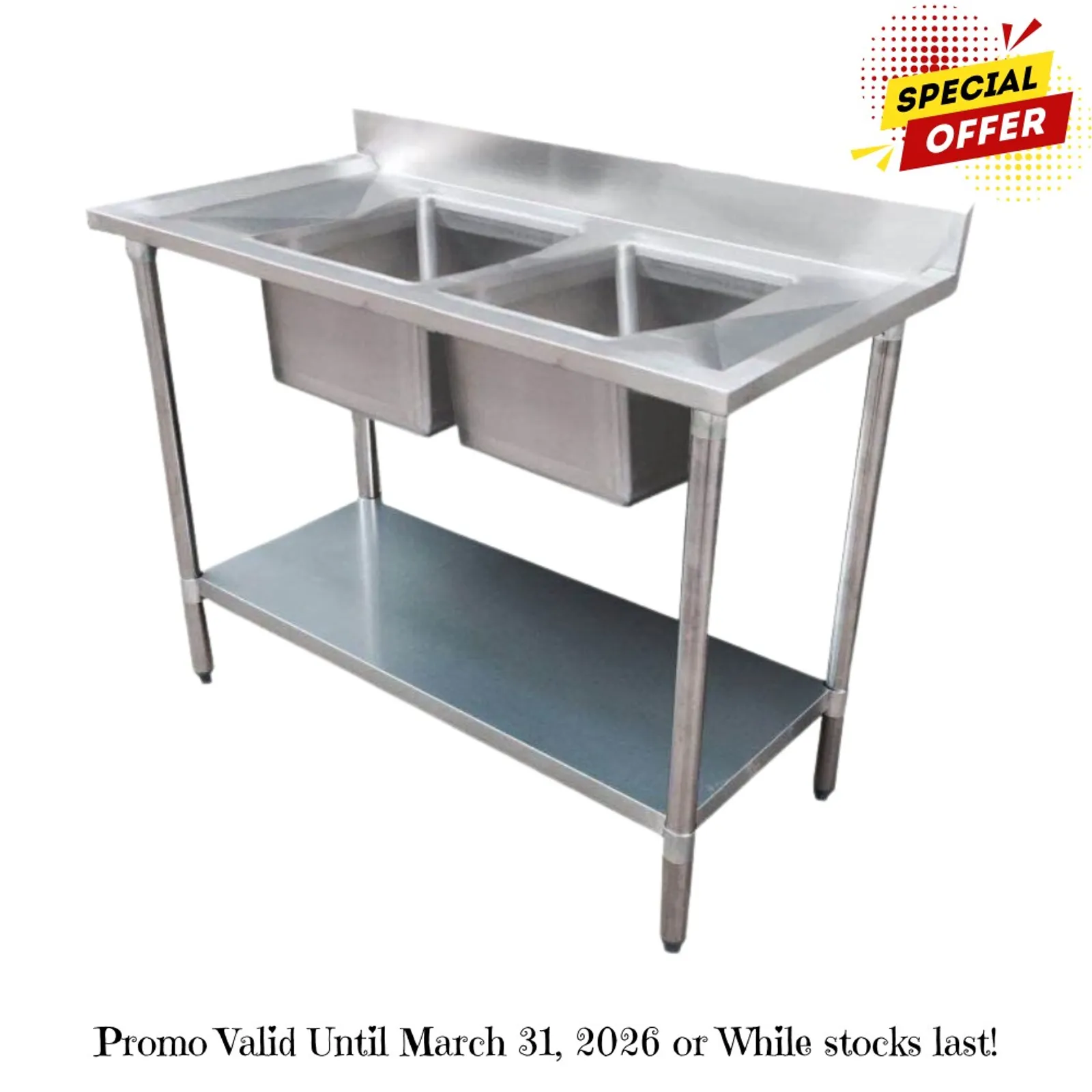 Modular Systems 1200-7-DSBC - Economic 304 Grade SS Centre Double Sink Bench 1200x700x900 with two 400x400x250 sinks