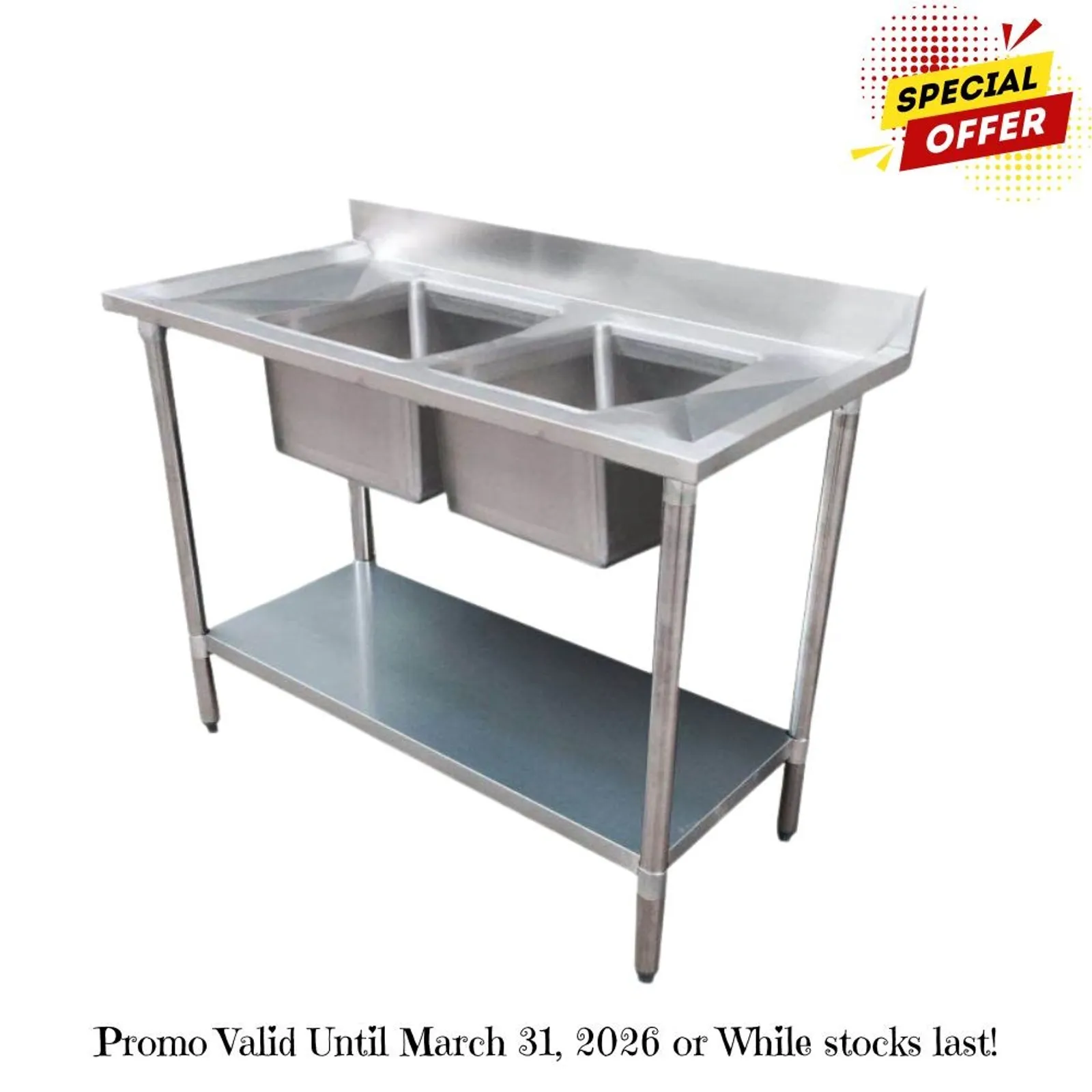 Modular Systems 2400-7-DSBC - Economic 304 Grade SS Centre Double Sink Bench 2400x700x900 with two 610x400x250 sinks