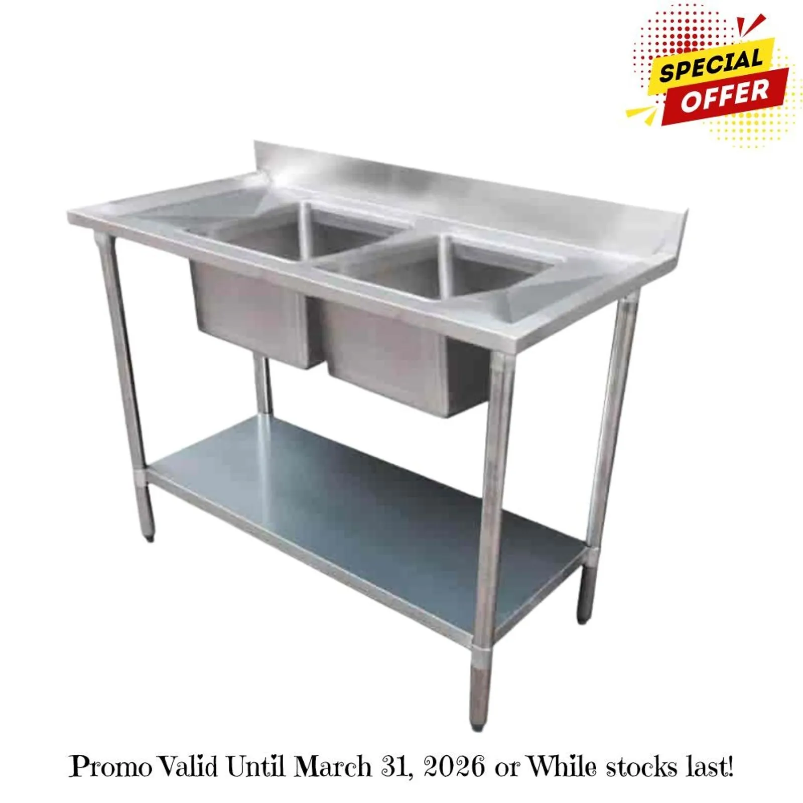 Modular Systems 2400-6-DSBC - Economic 304 Grade SS Centre Double Sink Bench 2400x600x900 with two 610x400x250 sinks