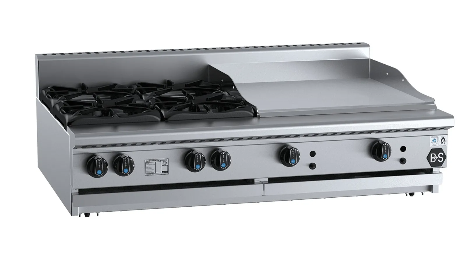 B&S BLACK BT-SB4-GRP6BM Combination 4 Open Burners 600mm Grill Plate Bench Mounted
