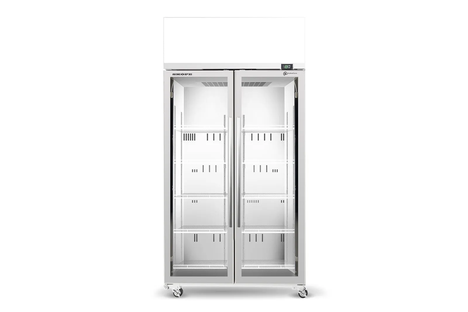 SKOPE TME1000N-AC ActiveCore - Top Mount 2 Glass Door Fridge, Lit Sign