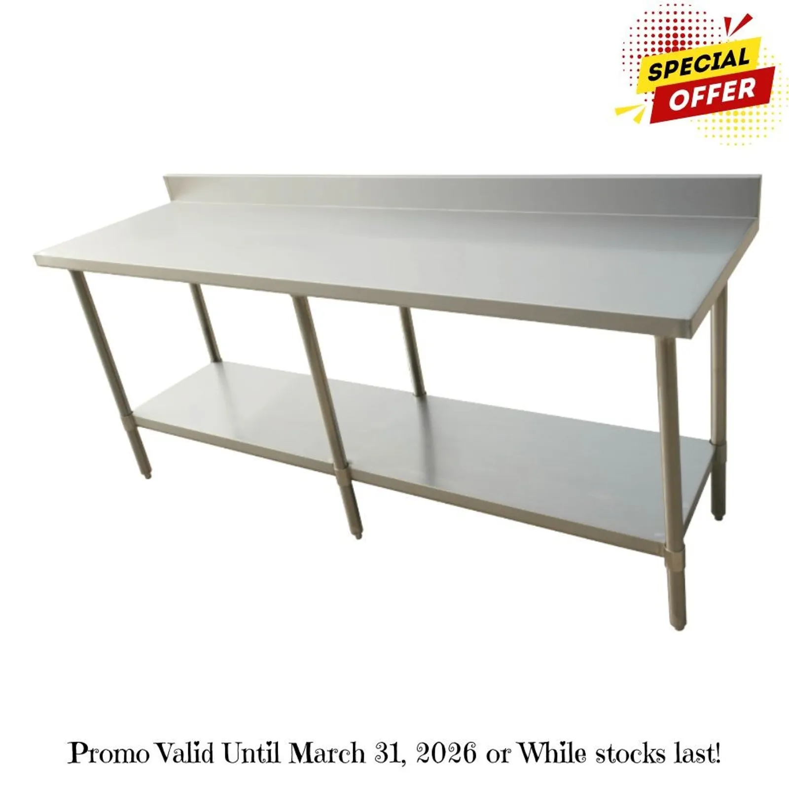 Modular Systems 2400-7-WBB - Economic 304 Grade Stainless Steel Table with splashback 2400x700x900 - 6 legs