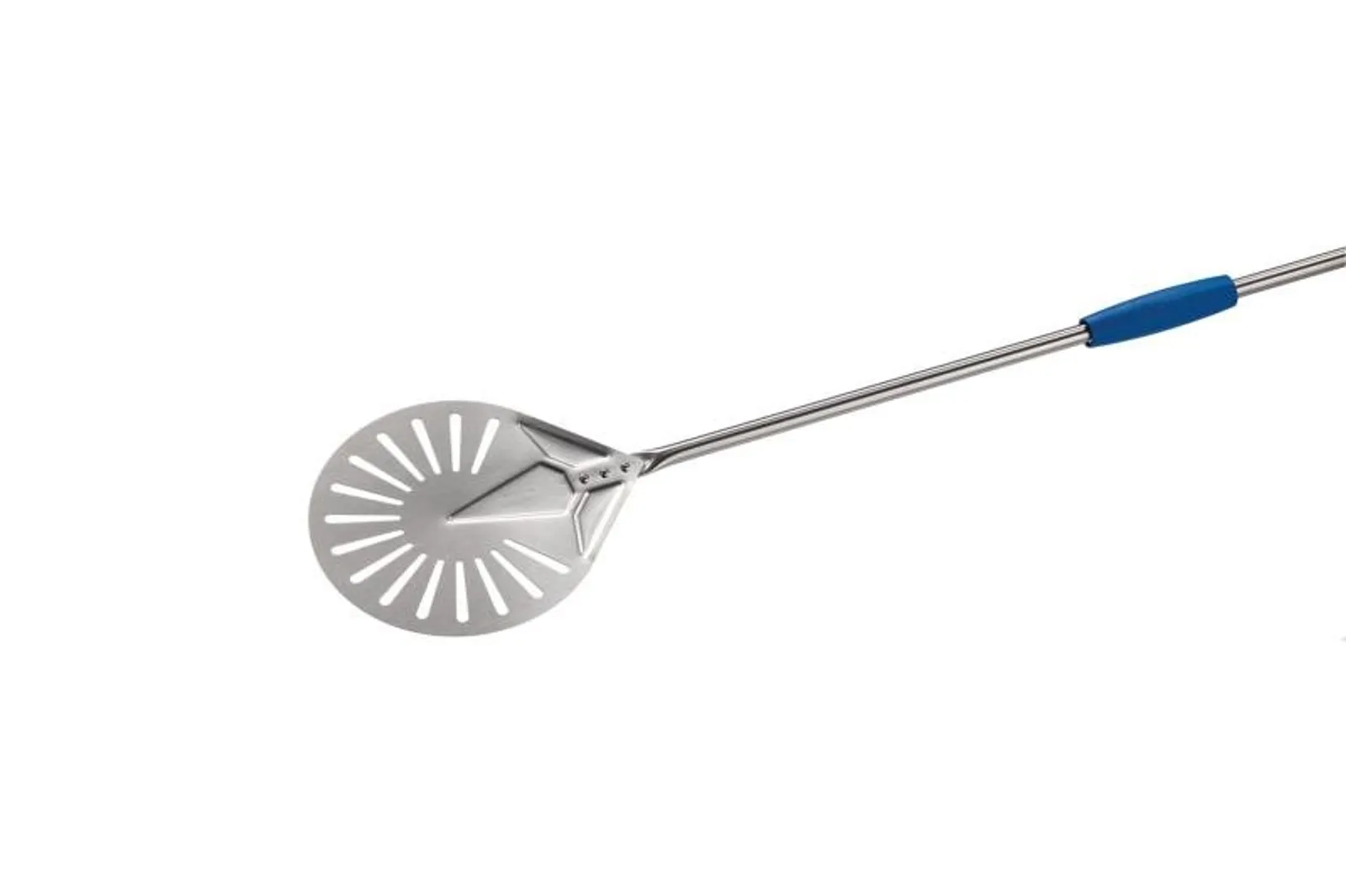 GI Metal I-23F/180 - Azzurra 23cm Stainless Steel Round Perforated Pizza Peel - 180cm Handle