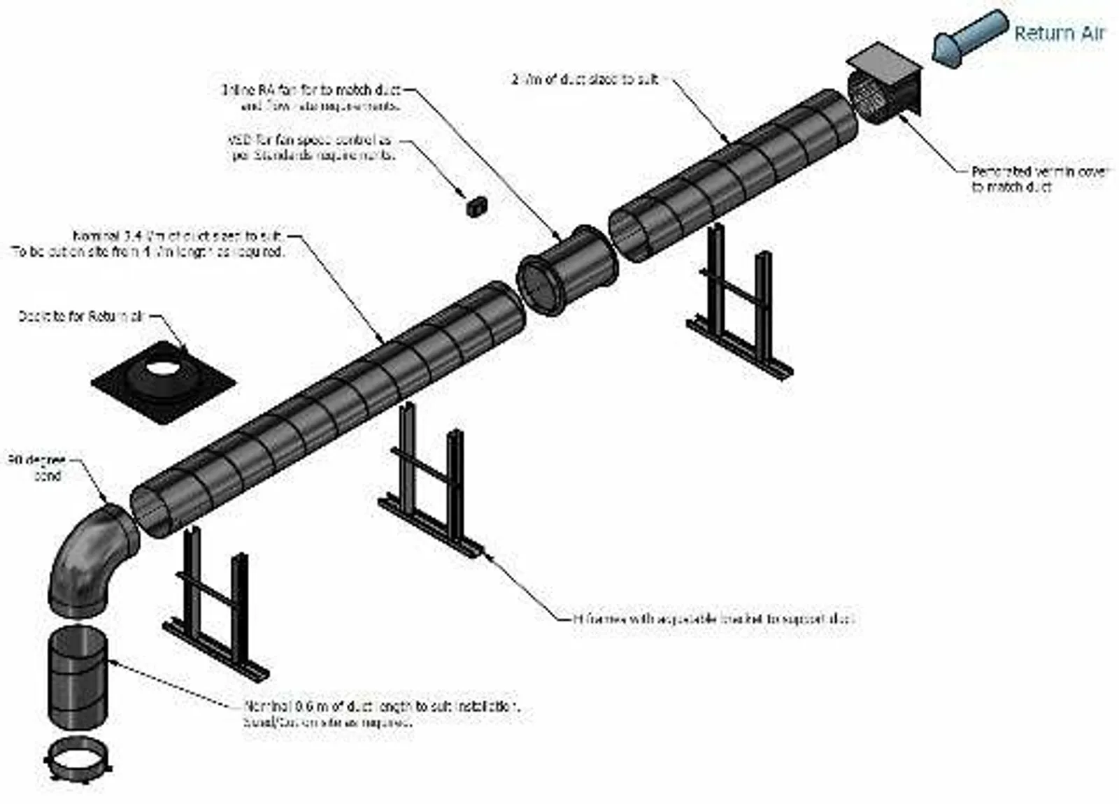 XtractAir Kitchen Exhaust Hood Canopy Return Air Kit Type 1 15" - Rigid Duct Horizontal suits External Flat Roof - Most Popular