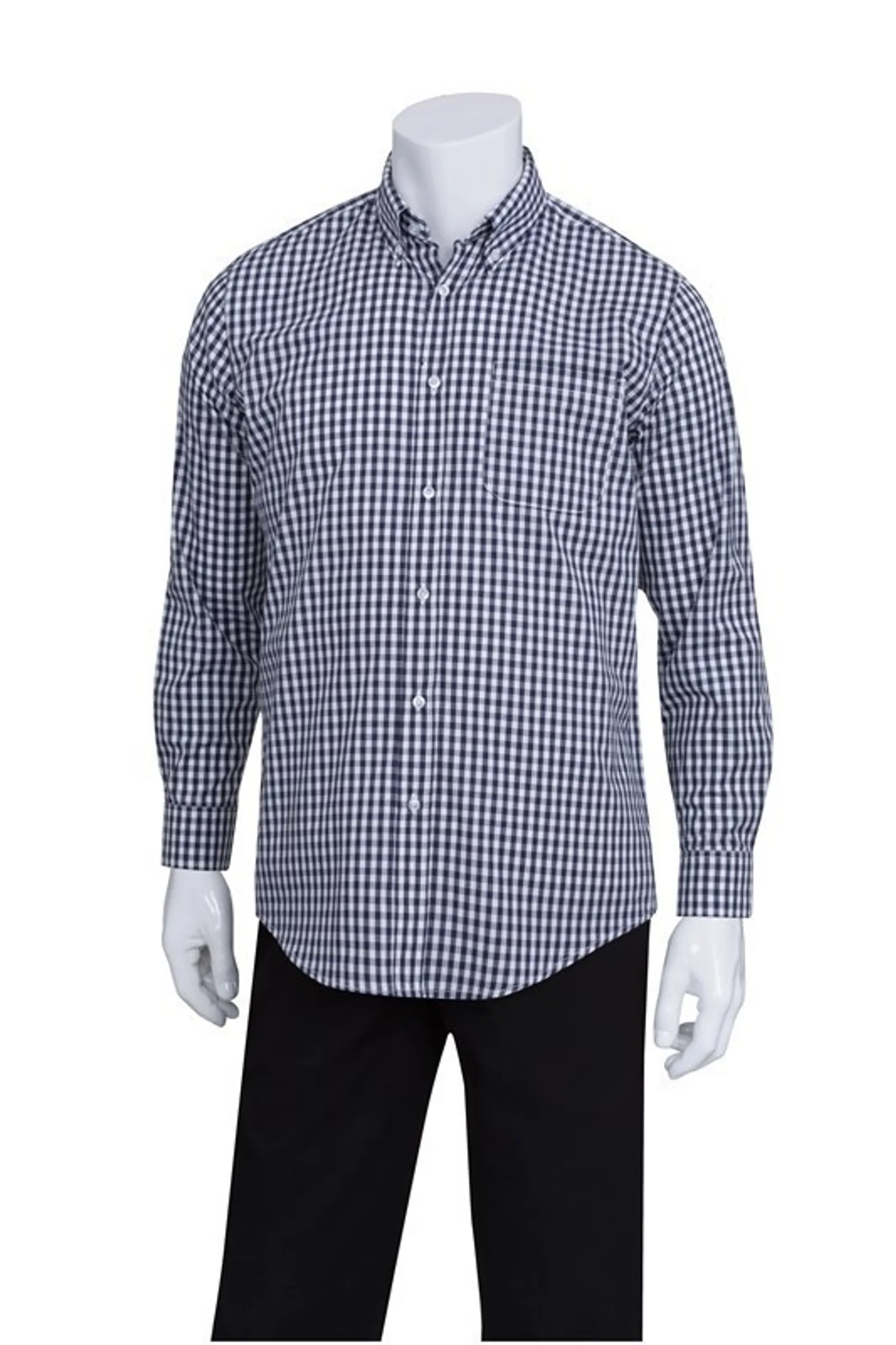 Chef Works D500-BWK Gingham Men's Navy Dress Shirt
