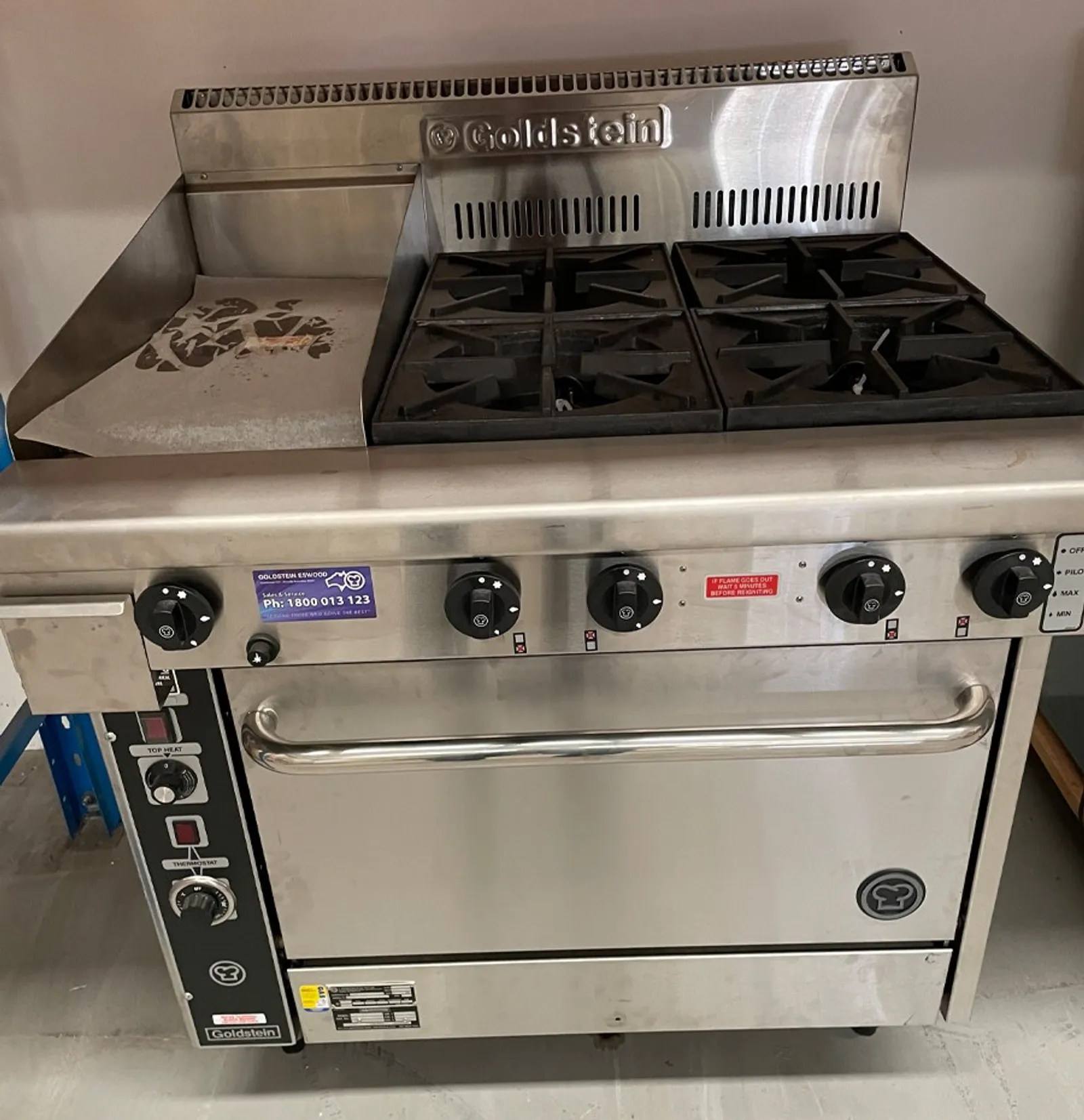 Goldstein PF12G428EFF Oven Range 4 Open Burners 305mm Griddle Electric Fan Forced Oven - Clearance