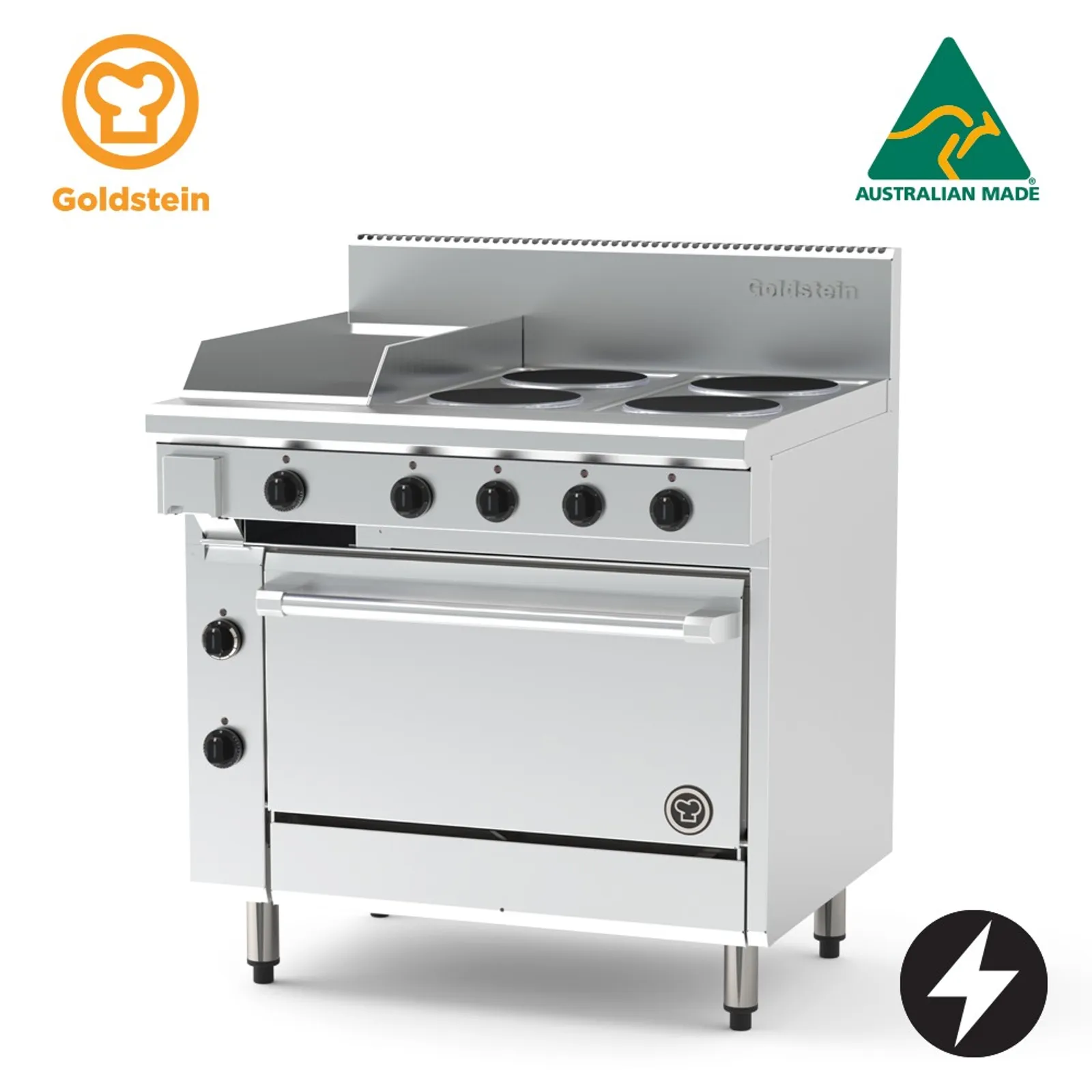 Goldstein PE12G4S28FF-X Electric Oven Range, 4 Solid Plates, 289mm Griddle, Fan Forced Oven