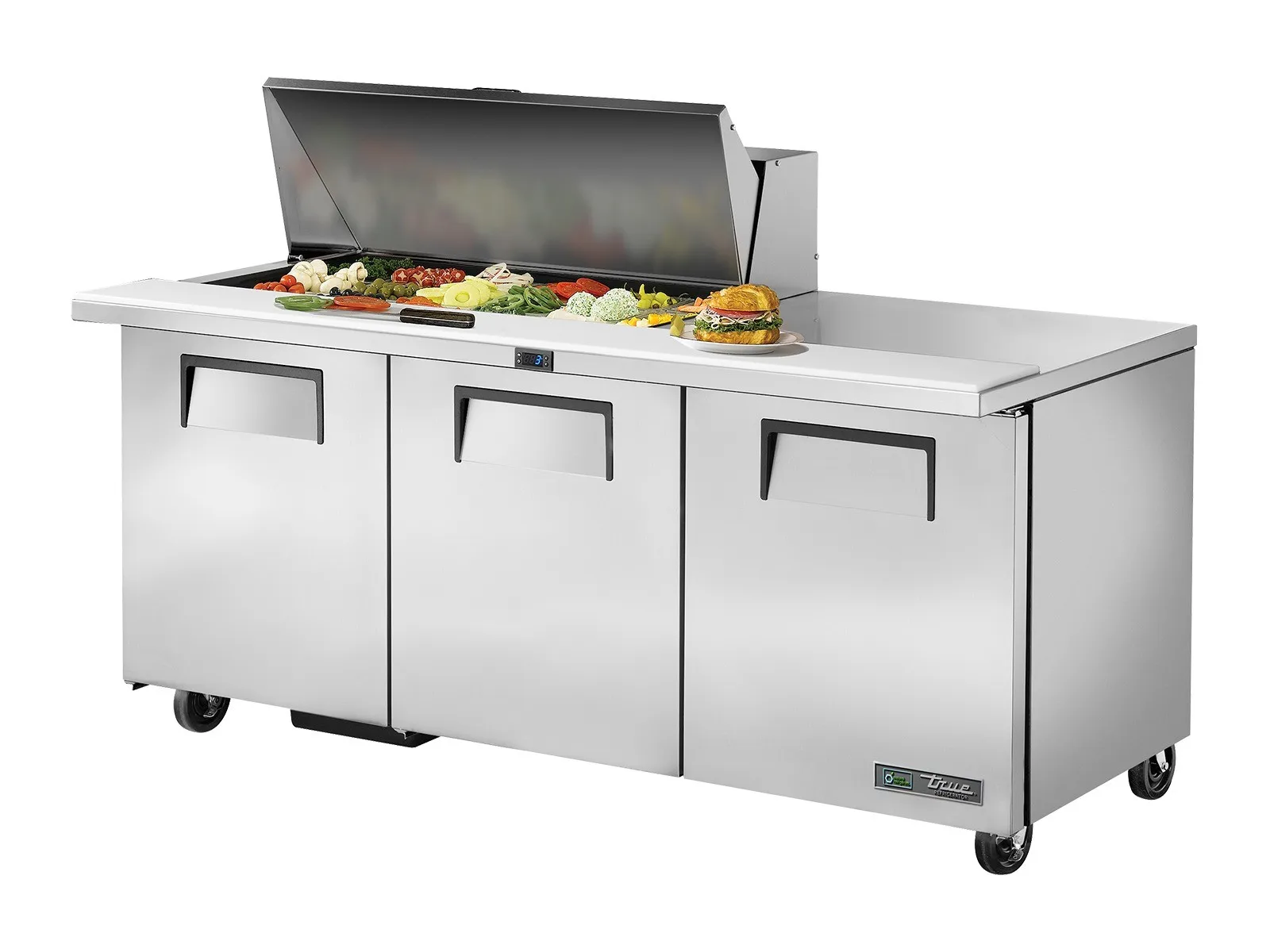 True Refrigeration TSSU-72-18M-B-HC - Prep Table, 18x 1/6 Top Pans, 3 Solid Swing Doors