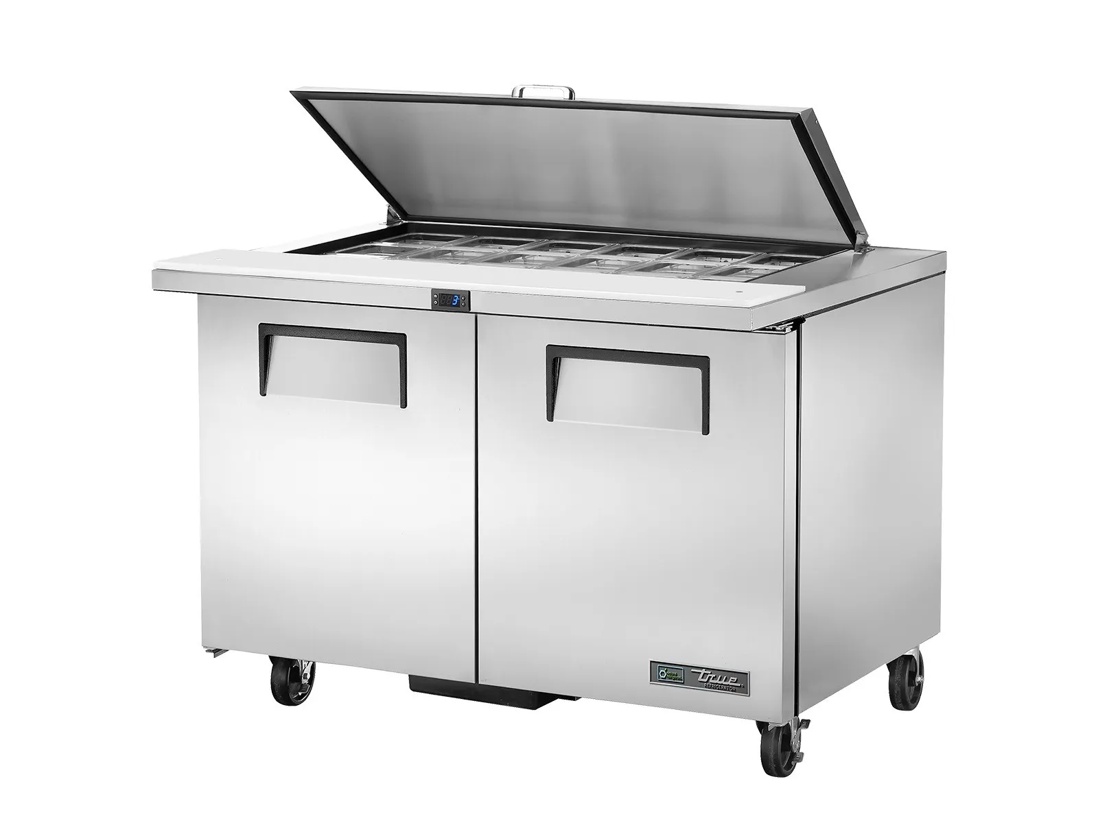 True Refrigeration TSSU-48-18M-B-HC FLID - Prep Table, 18x 1/6 Top Pans, 2 Solid Swing Doors, Removable lids