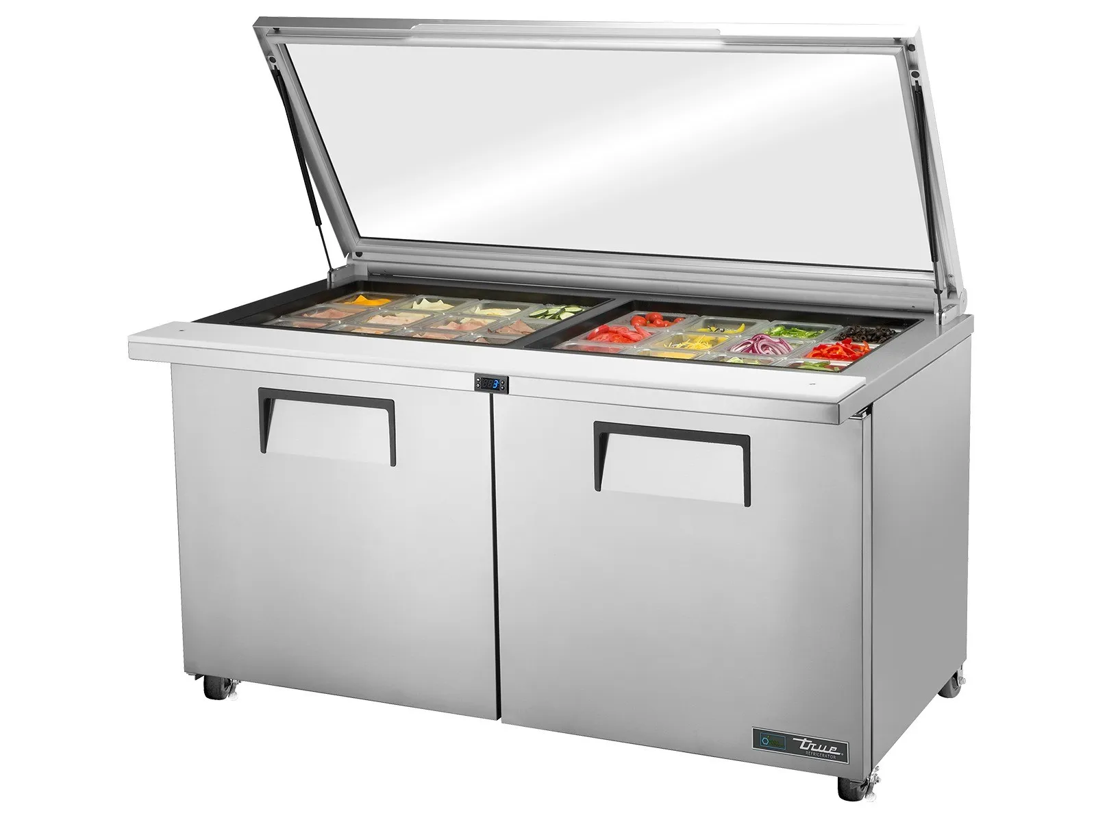 True Refrigeration TSSU-60-24M-B-ST-FGLID-HC - Glass Lid Prep Table, 24x 1/6 Top Pans, 2 Solid Swing Doors