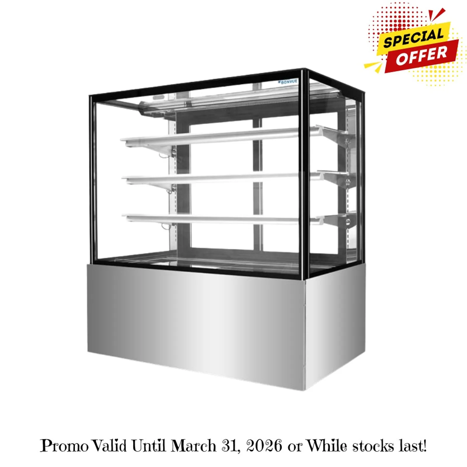 Bonvue SF840V - 3+1 Tier Squared Temper Glass Cake Display 1200mm