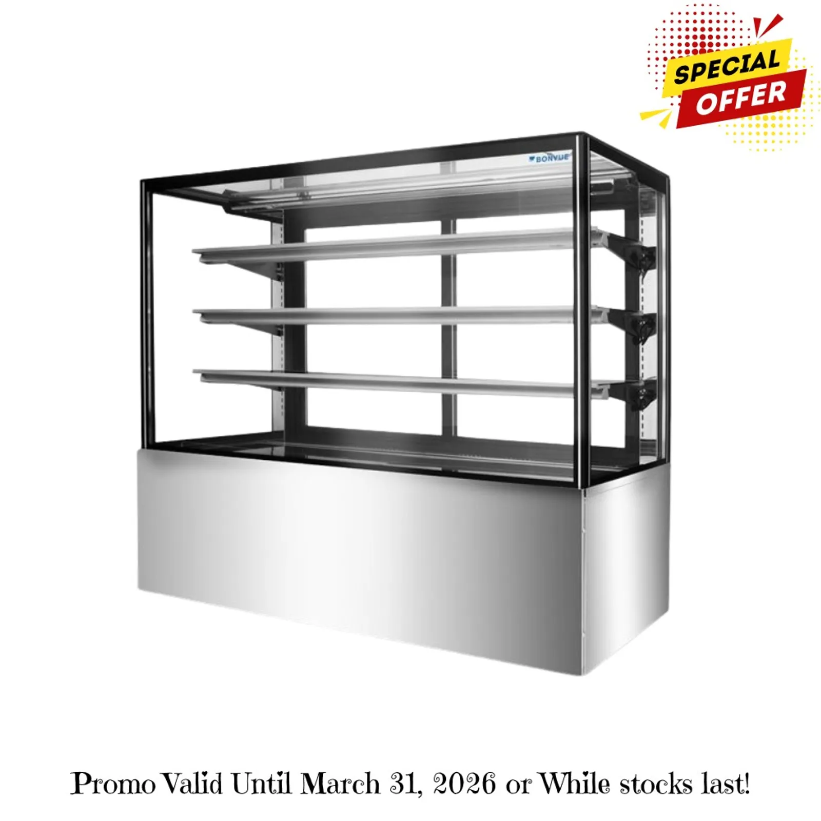 Bonvue SF850V - 3+1 Tier Squared Temper Glass Cake Display 1500mm