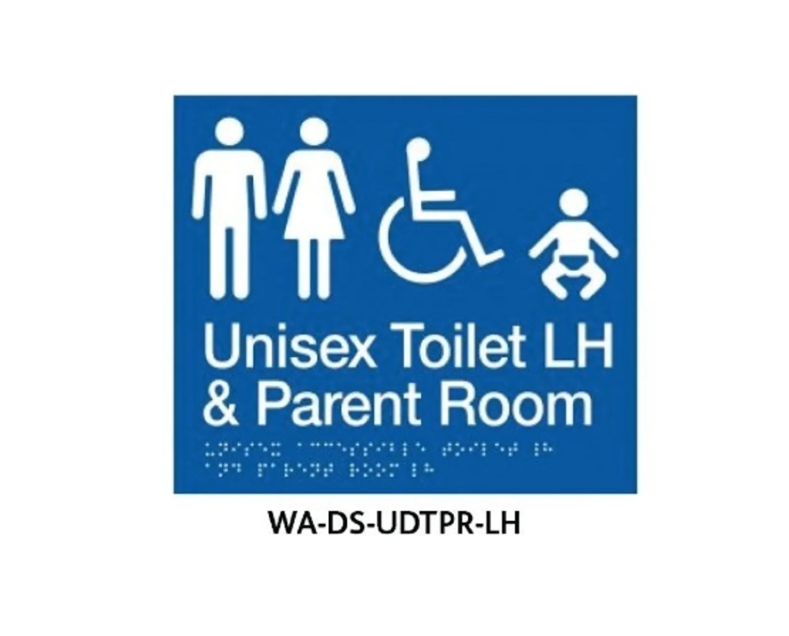 3Monkeez WA-DS-UDTPR-LH - Braille Sign Unisex Disabled Toilet and Parent Room LHS (Blue)