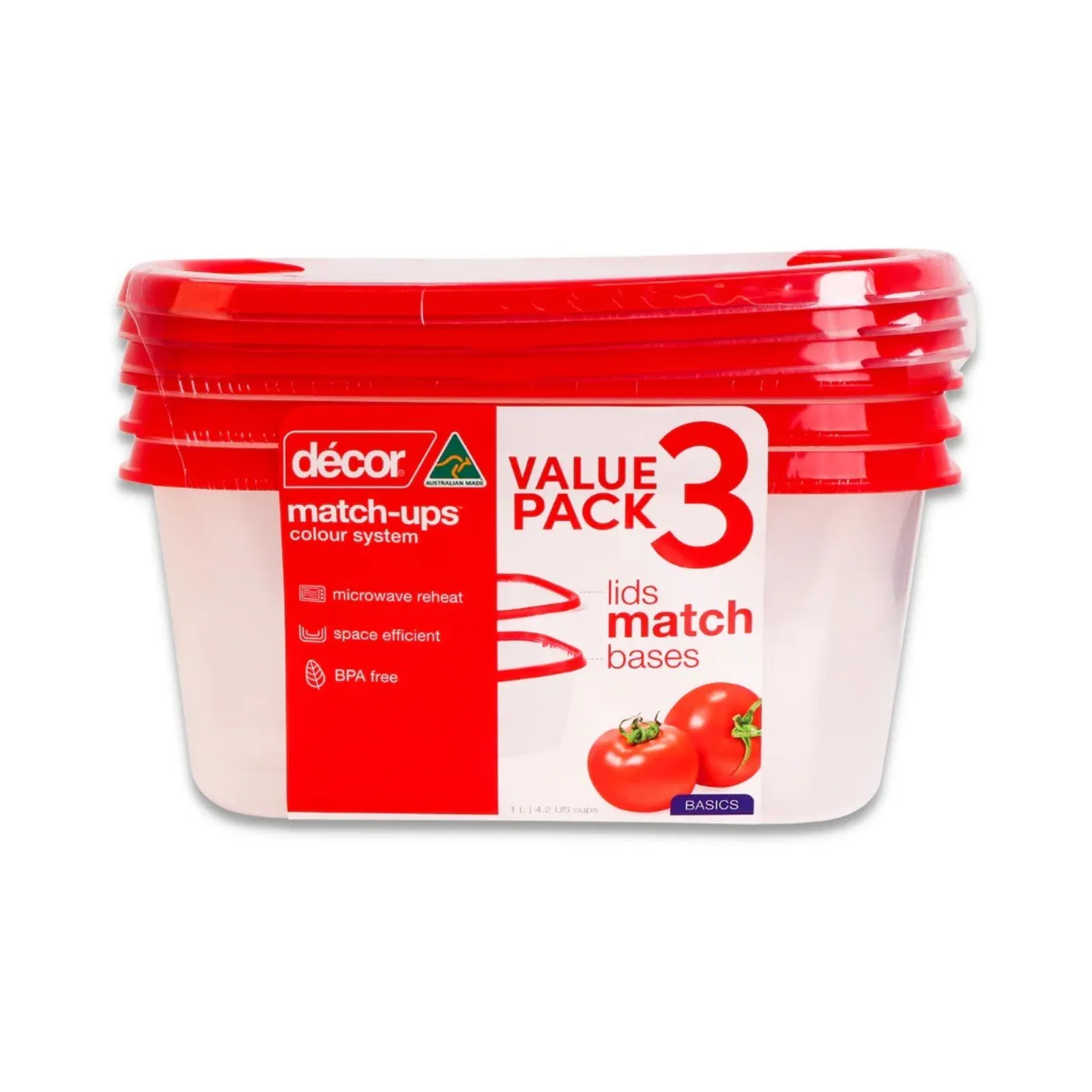 Decor Match-Ups Basics 209532 - Food Container Oblong, Red, 1L, 3pk