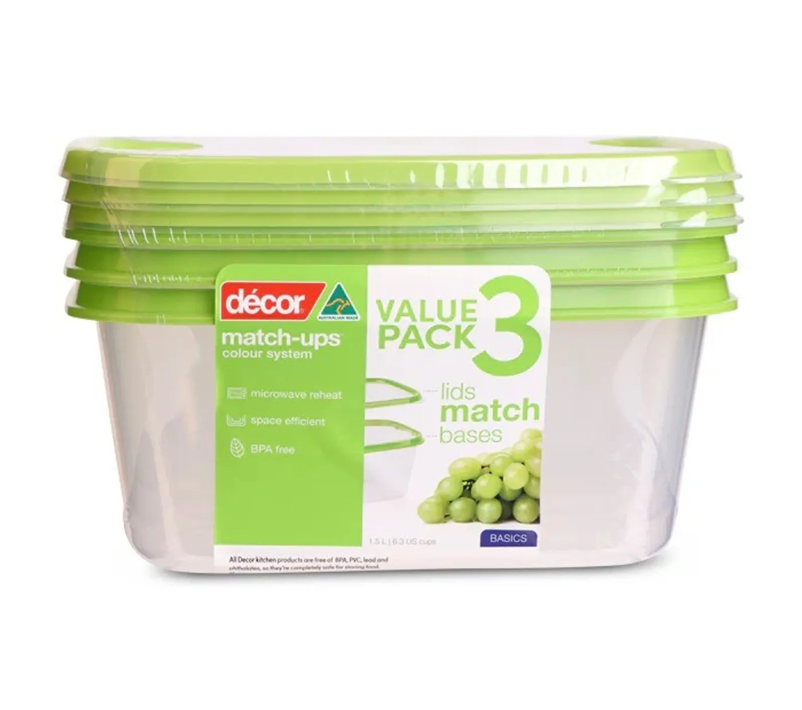 Decor Match-Ups Basics 209032 - Food Container Oblong, Green, 1.5L, 3pk