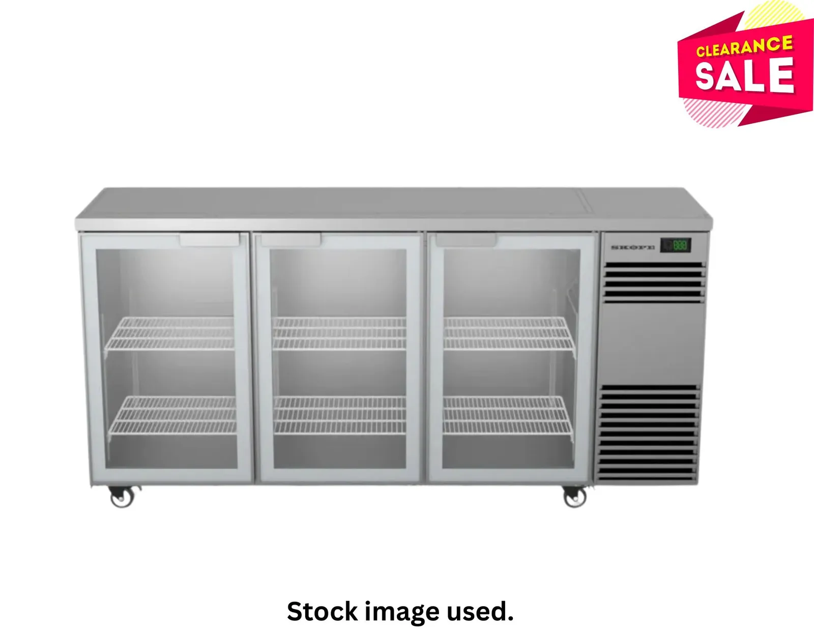 SKOPE BB.3.GSW BackBar 3 Glass Swing Door Fridge Right Hand - Stainless Steel with Plinth - Aged Stock