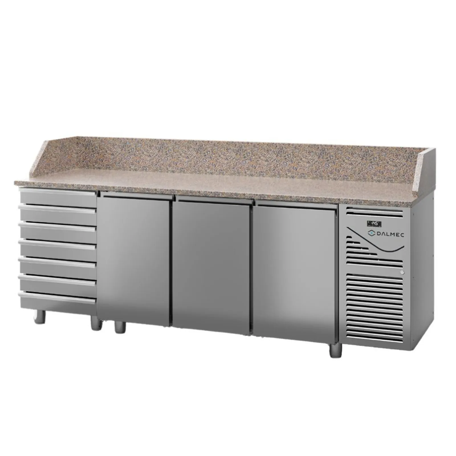 Dalmec BPCP803D27CGR - 3 Door Granite Top Pizza Preparation Fridge with 7 x 600x400 Ambient Drawers