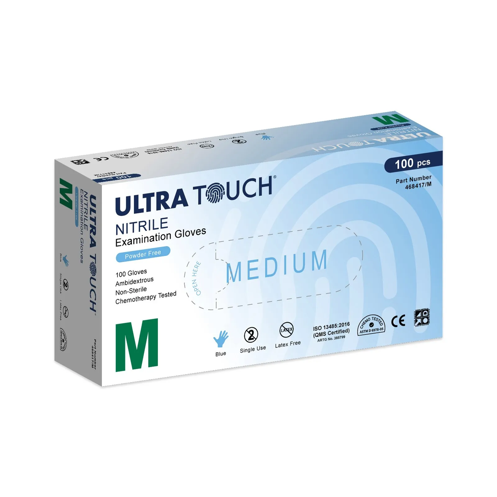 Ultra Touch 468417 - Examination Nitrile Gloves Chemo-Tested Blue Powder Free Medical Weight