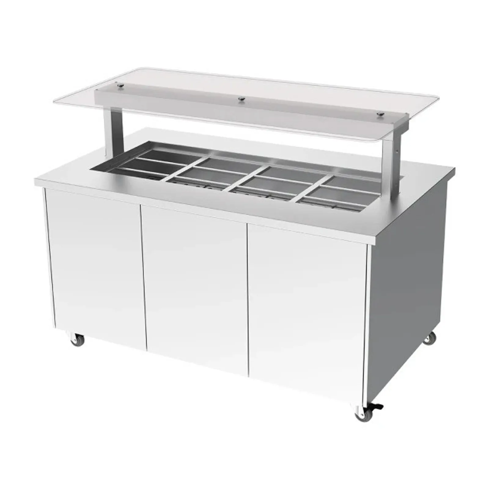 Culinaire CH.IBSS.BMC.U.GSF.4 Mobile Island Buffet - Heated - Flat Glass Gantry - Stainless Steel Top and Stainless Steel Panels - 4Mod