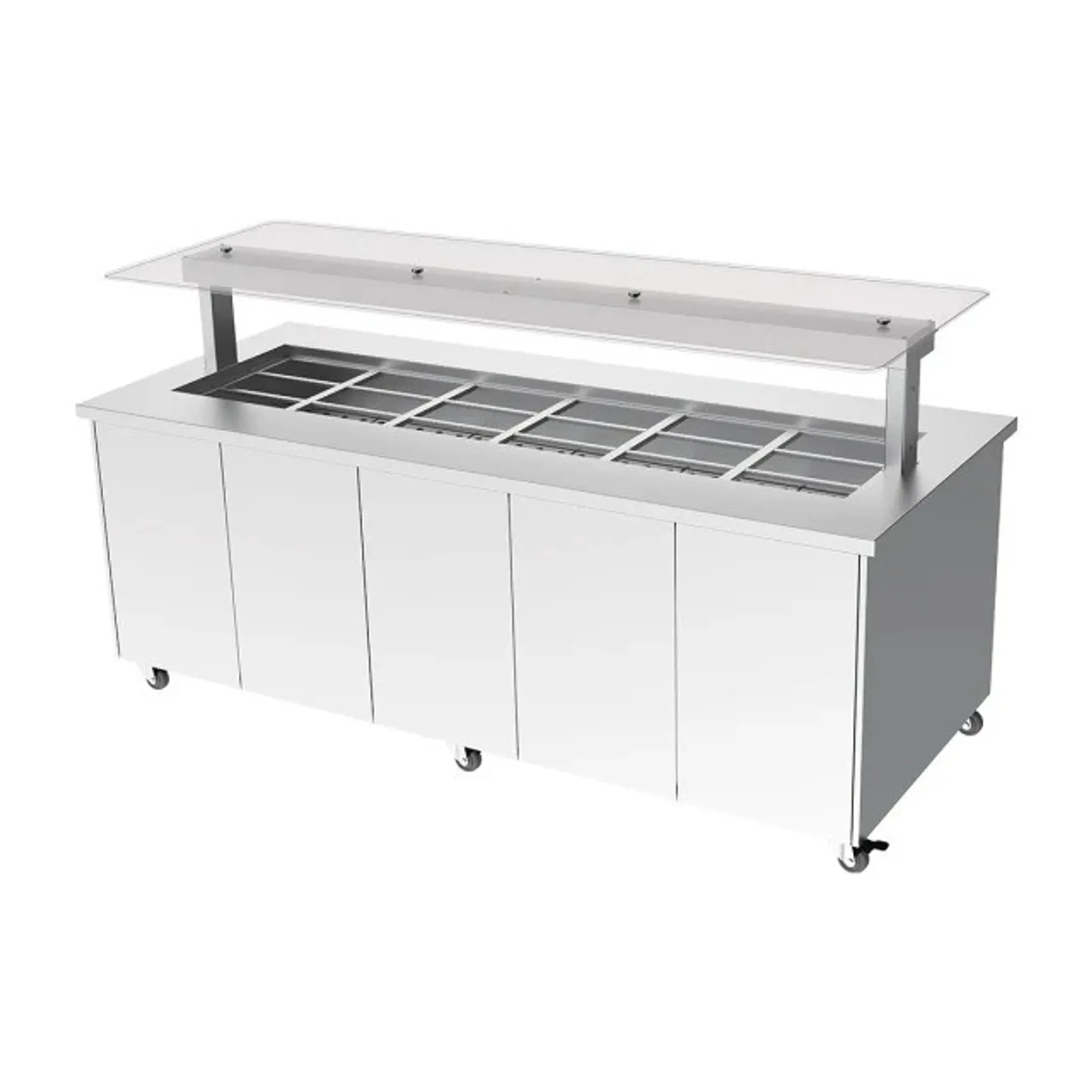 Culinaire CH.IBSS.BMC.U.GSF.6  Mobile Island Buffet - Heated - Flat Glass Gantry - Stainless Steel Top and Stainless Steel Panels - 6Mod