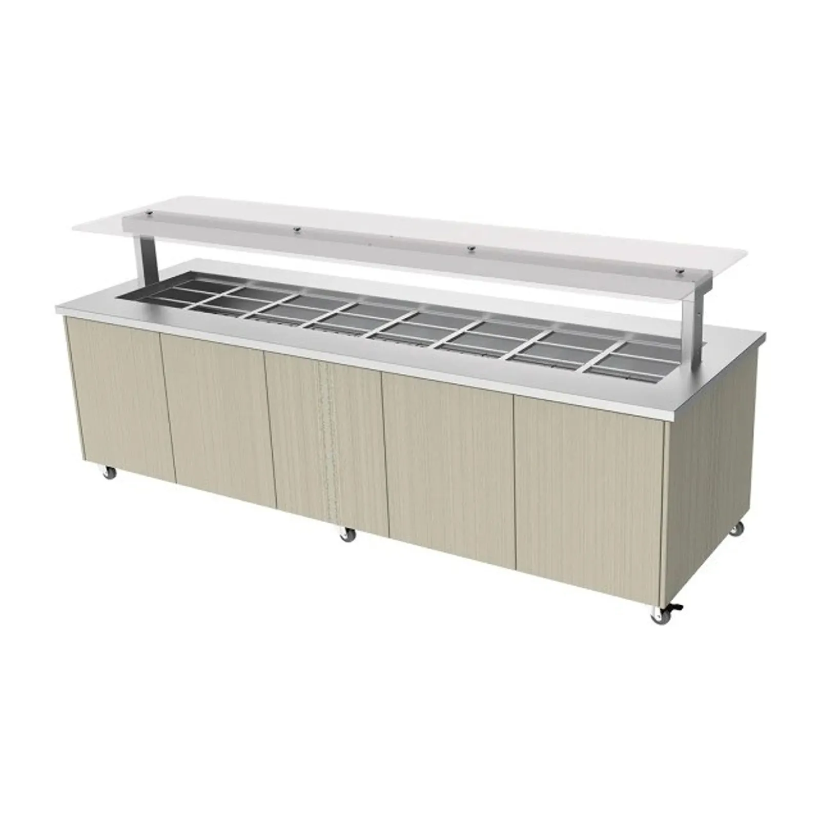 Culinaire CH.IBSJ.BMC.U.GSF.8 Mobile Island Buffet - Heated - Flat Glass Gantry - Stainless Steel Top and Joinery Panels - 8Mod