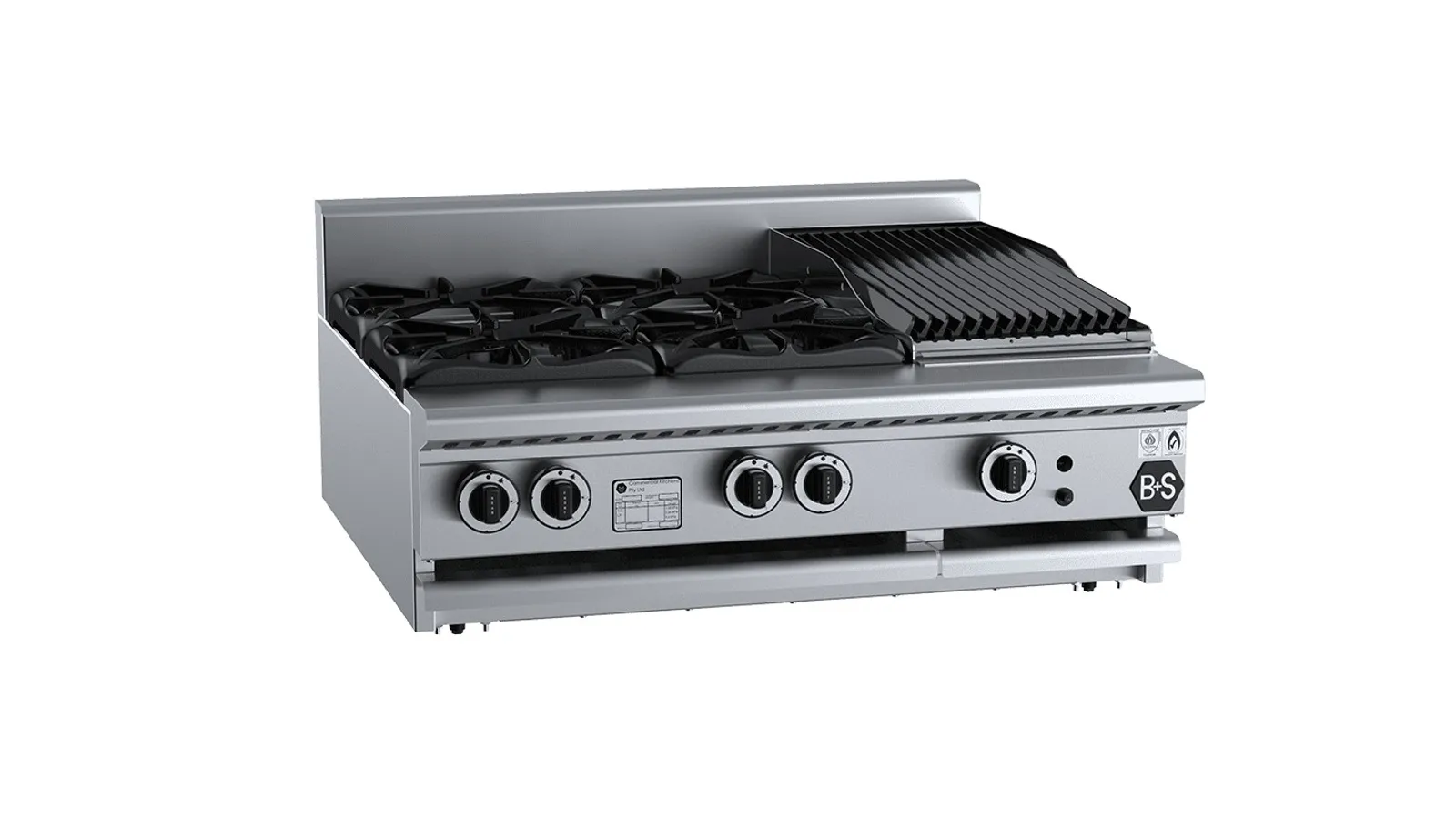 B+S Black BT-SB4-CBR3BM - Combination Four Open Burners 300mm Char Broiler Bench Mounted