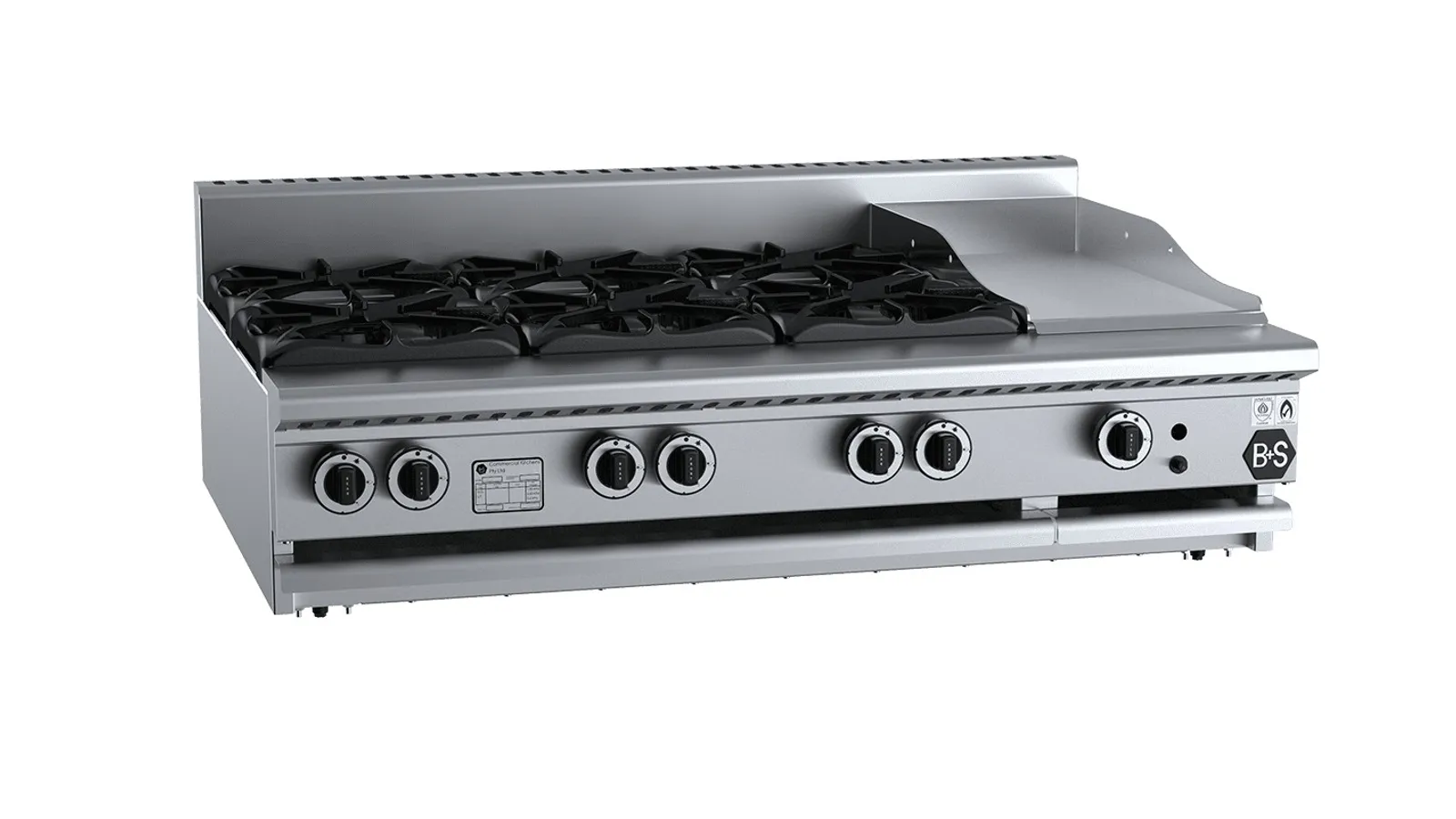 B+S Black BT-SB6-GRP3BM - Combination 6 Open Burners 300mm Grill Plate Bench Mounted