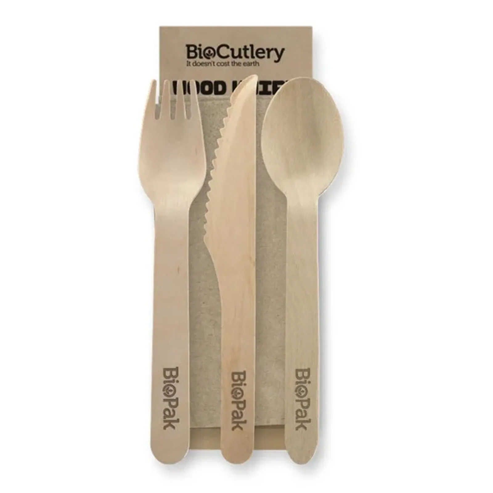 BioPak HY-16KFSN - 16cm Wood Knife, Fork, Spoon & Napkin Set