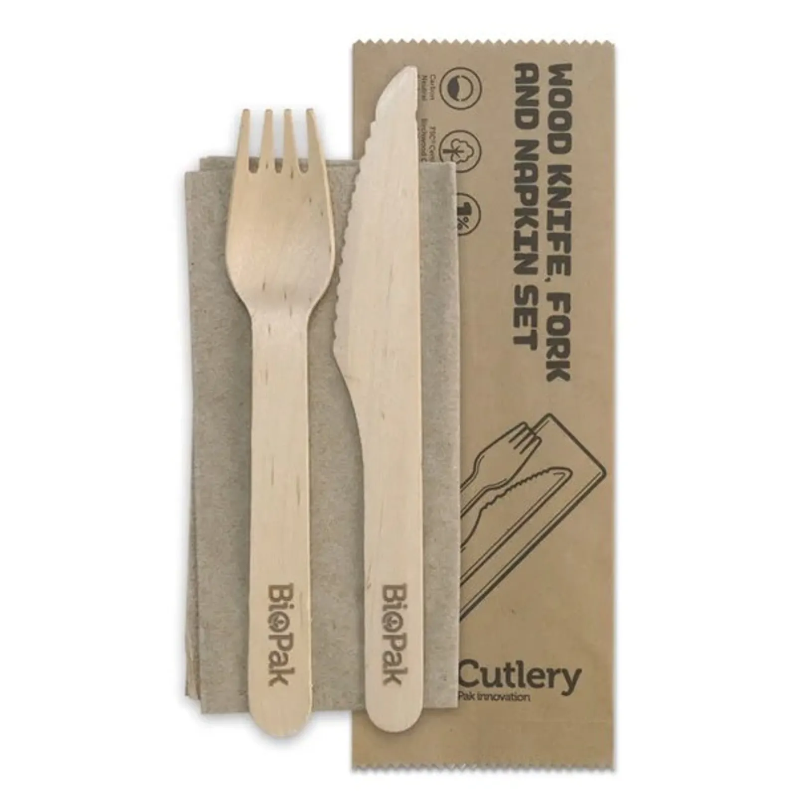 BioPak HY-16KFN-COATED - 16cm Coated Wood Knife, Fork & Napkin Set