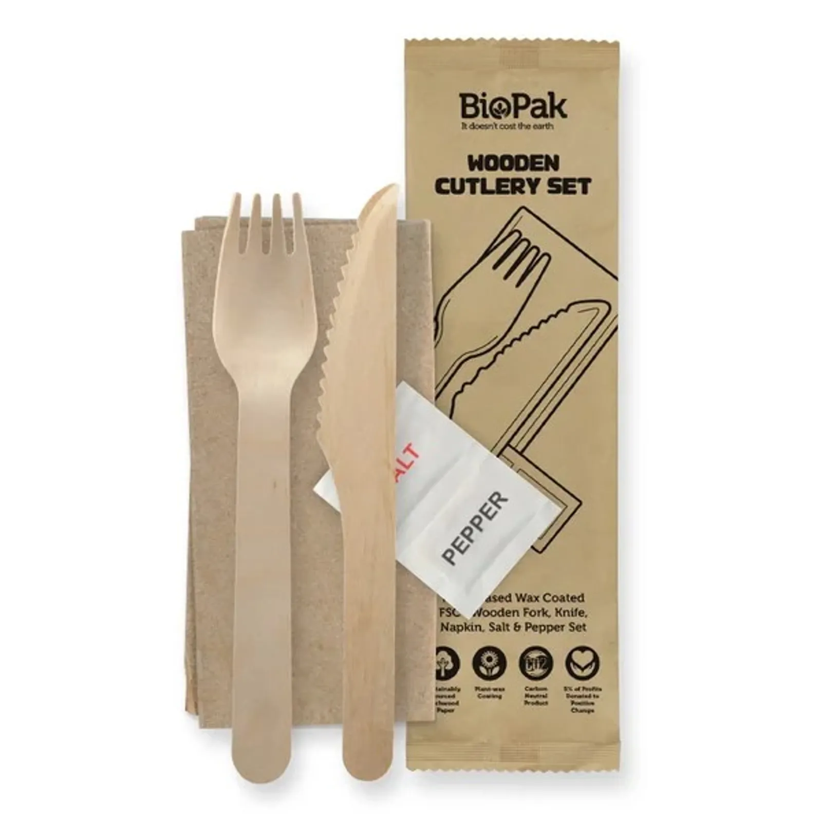 BioPak HY-16KFNSP - 16cm Wood Knife, Fork, Napkin, Salt & Pepper Set