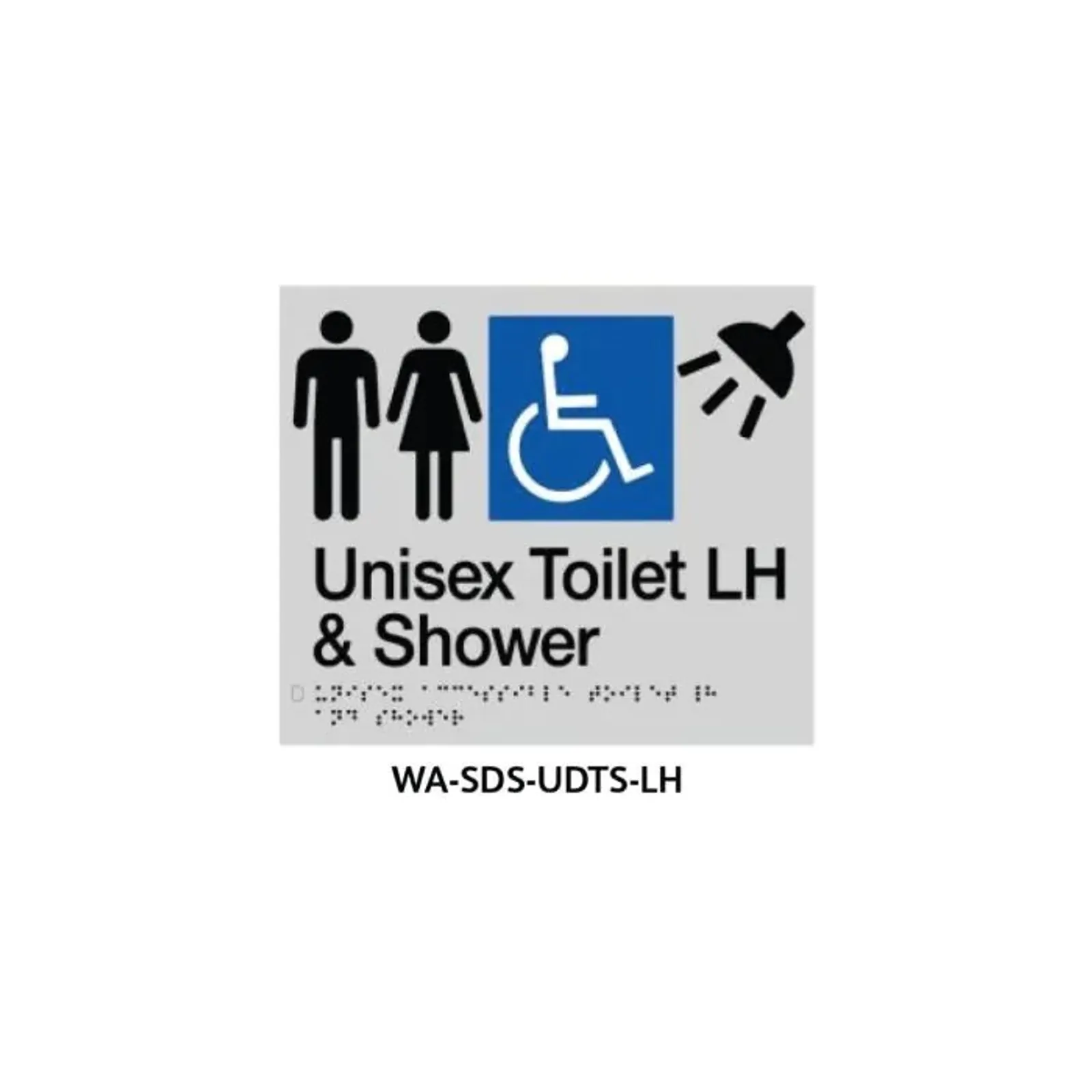 3Monkeez WA-SDS-UDTS-LH - Braille Sign Unisex Disabled Toilet and Shower LHS (Silver)